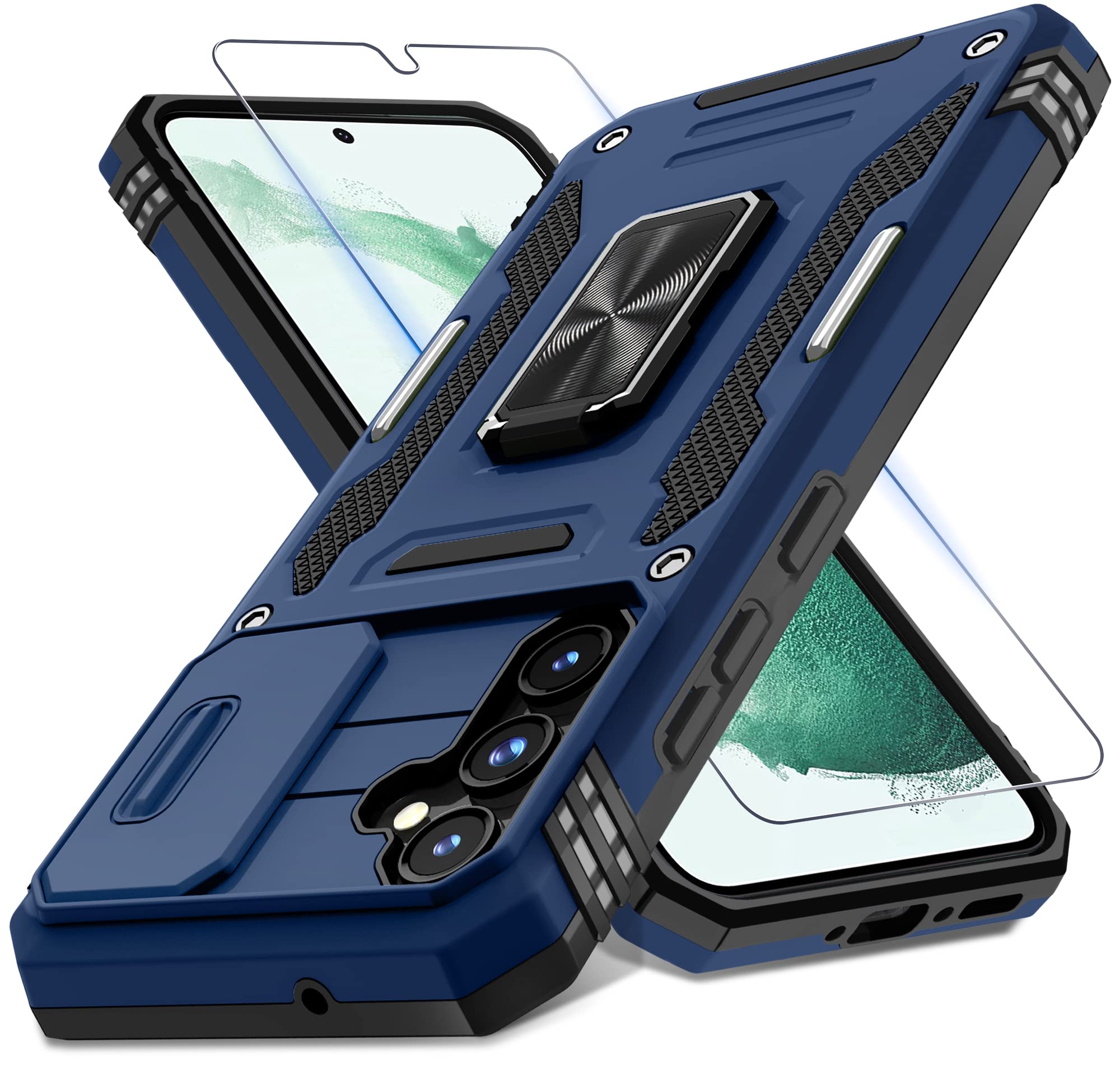 DEERLAMN Case for Samsung Galaxy A54 5G with Slide Camera Cover+Screen Protector(1 Pack),Rotated Ring Kickstand Military Grade Shockproof Protective Cover-Navy Blue