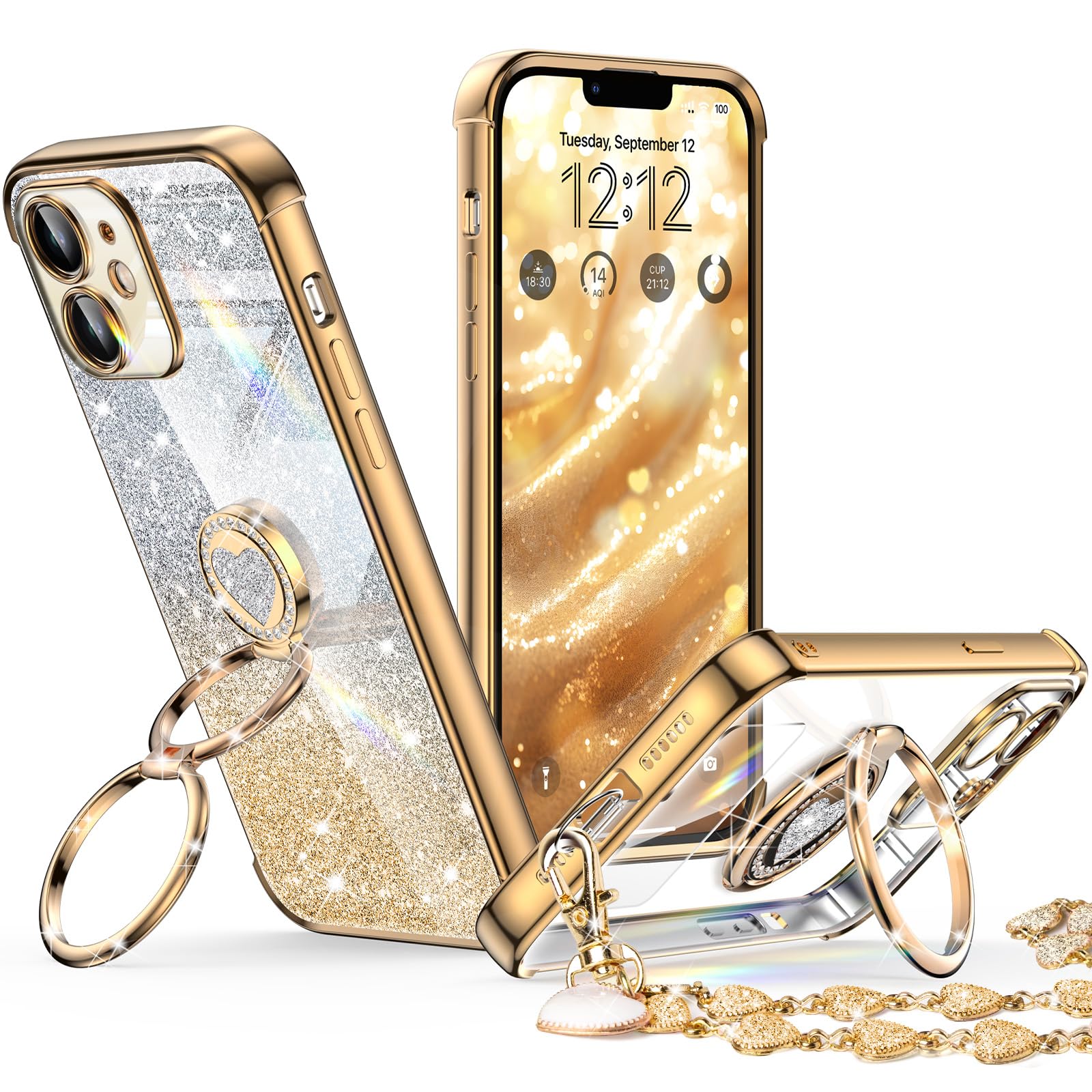 XYZ for iPhone 12 Case with Stand, Phone Case with Double Ring Kickstand, Women Girls Bling Luxury Glitter Clear Phone Case Cover Heart for iPhone 12, Gold