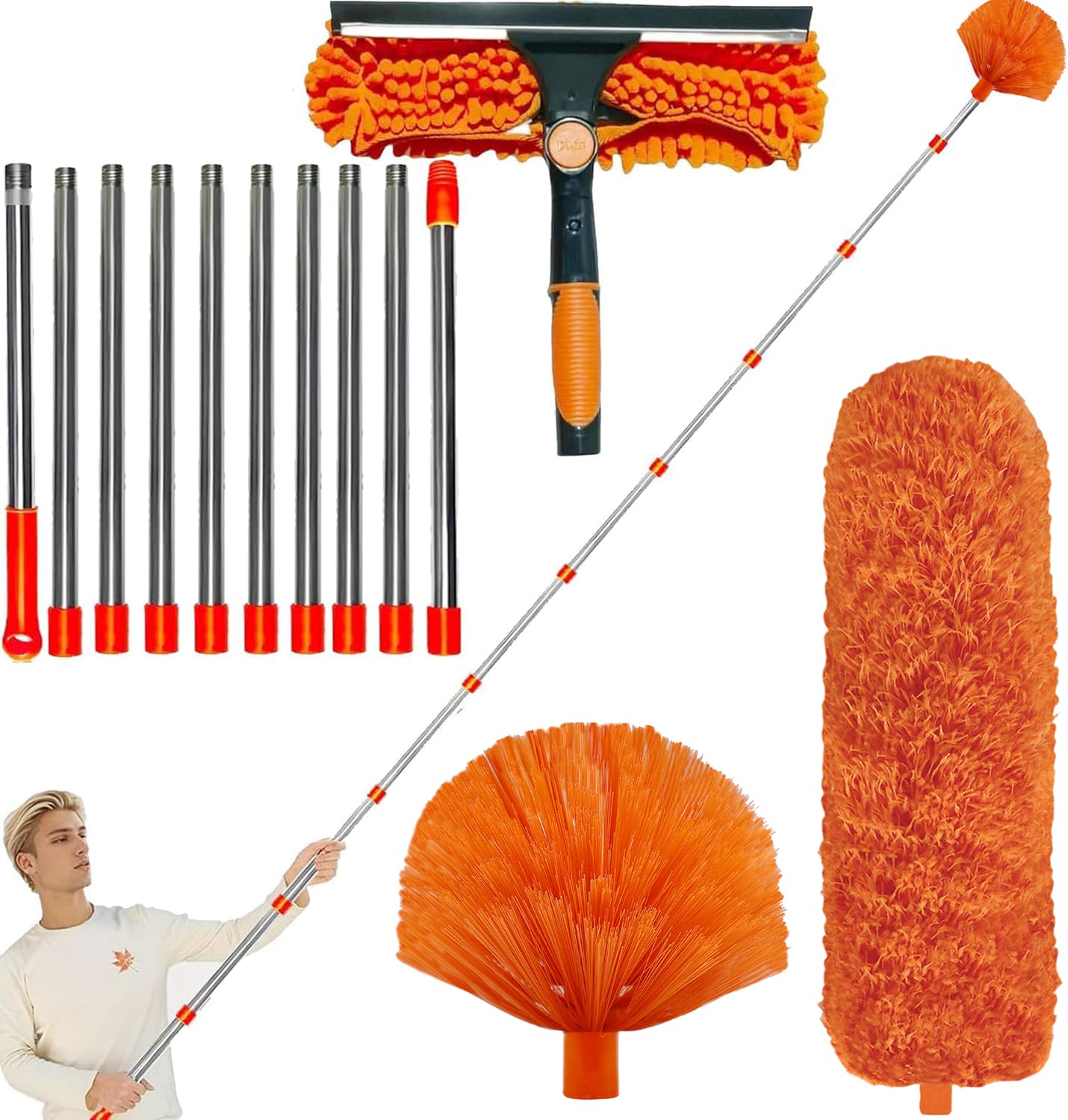 20+ Foot High Reach Dusting Kit with 3-13 ft Extension Pole //2 in 1 Window Cleaning Kit // High Ceiling Duster // Cobweb Microfiber Duster // Outdoor & Indoor Extendable Duster Cleaning Kit