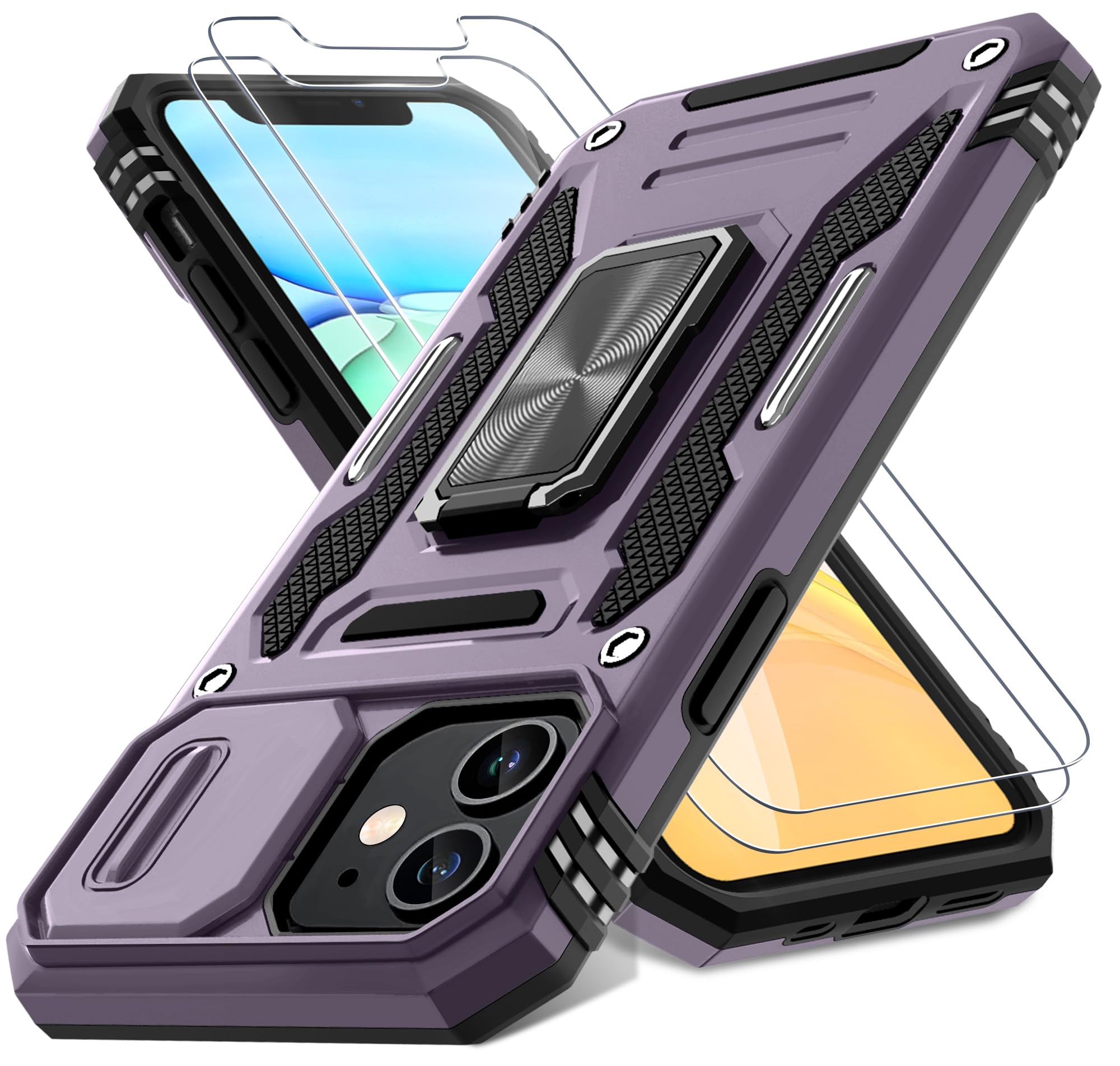 DEERLAMN Case for iPhone 11 with Slide Camera Cover+Screen Protector(2 Packs),Rotated Ring Kickstand Military Grade Shockproof Protective Cover-Deep Purple