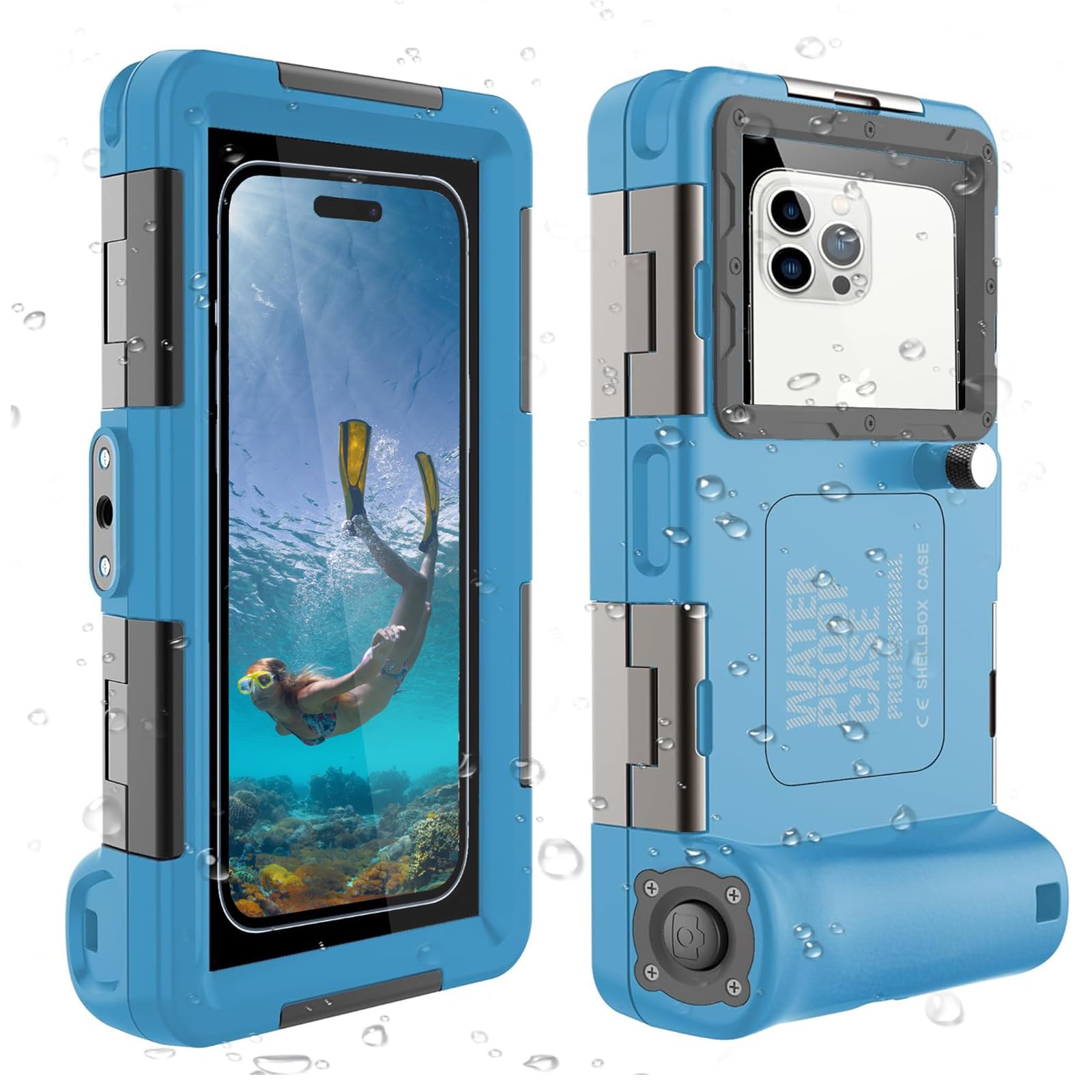 Underwater Snorkeling Housing Phone Case for Diving Suba Swimming Photography Video Waterproof Cover,Universal for iPhone 16/15/14/13/12/11/Pro Max Samsung Galaxy S25/S24/S23-S21/Ultra Plus Blue-Grey