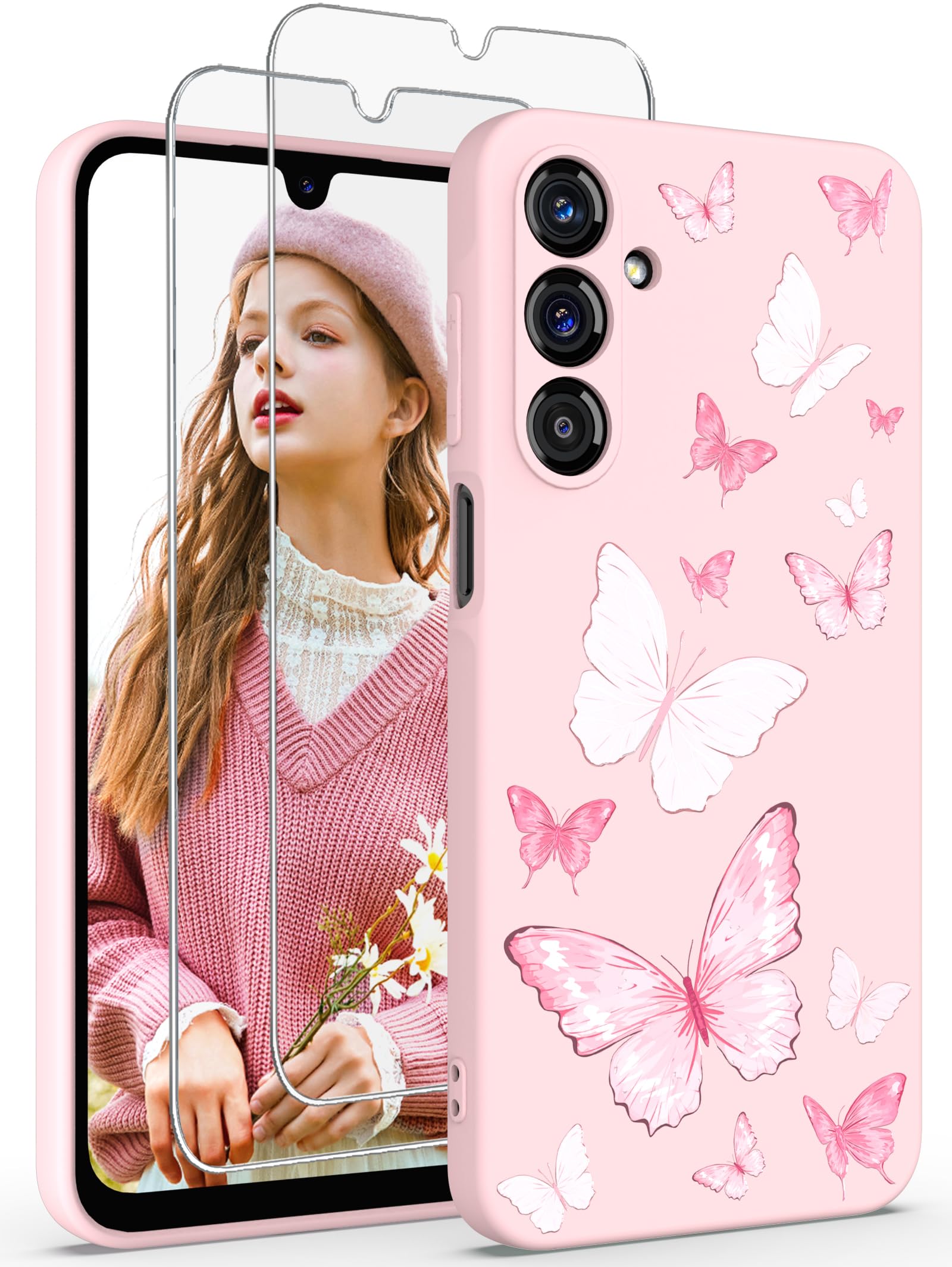 Yucenx Samsung Galaxy A16 5G Case, Floral Pattern Liquid Silicone Phone Case Shockproof Scratch Resistant Soft Protective Cover with 2 Pack Screen Protector for Galaxy A16 5G (Pink Butterflies)
