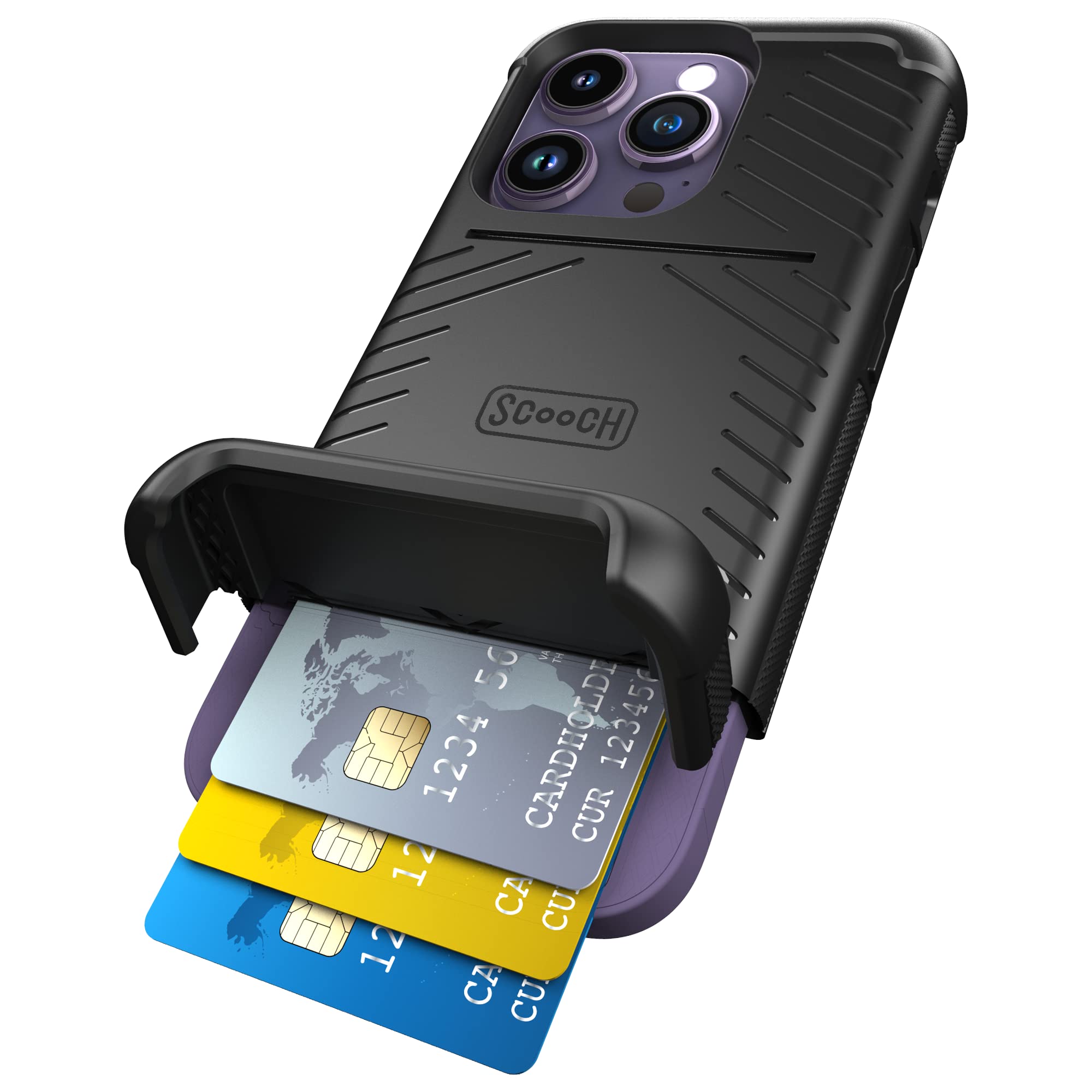 Scooch® for iPhone 14 Pro Case with Card Holder, Wingmate Wallet Case with Hidden Card Slot and RFID Protection for up to 4 Cards, 10-Foot Drop Protection, Black