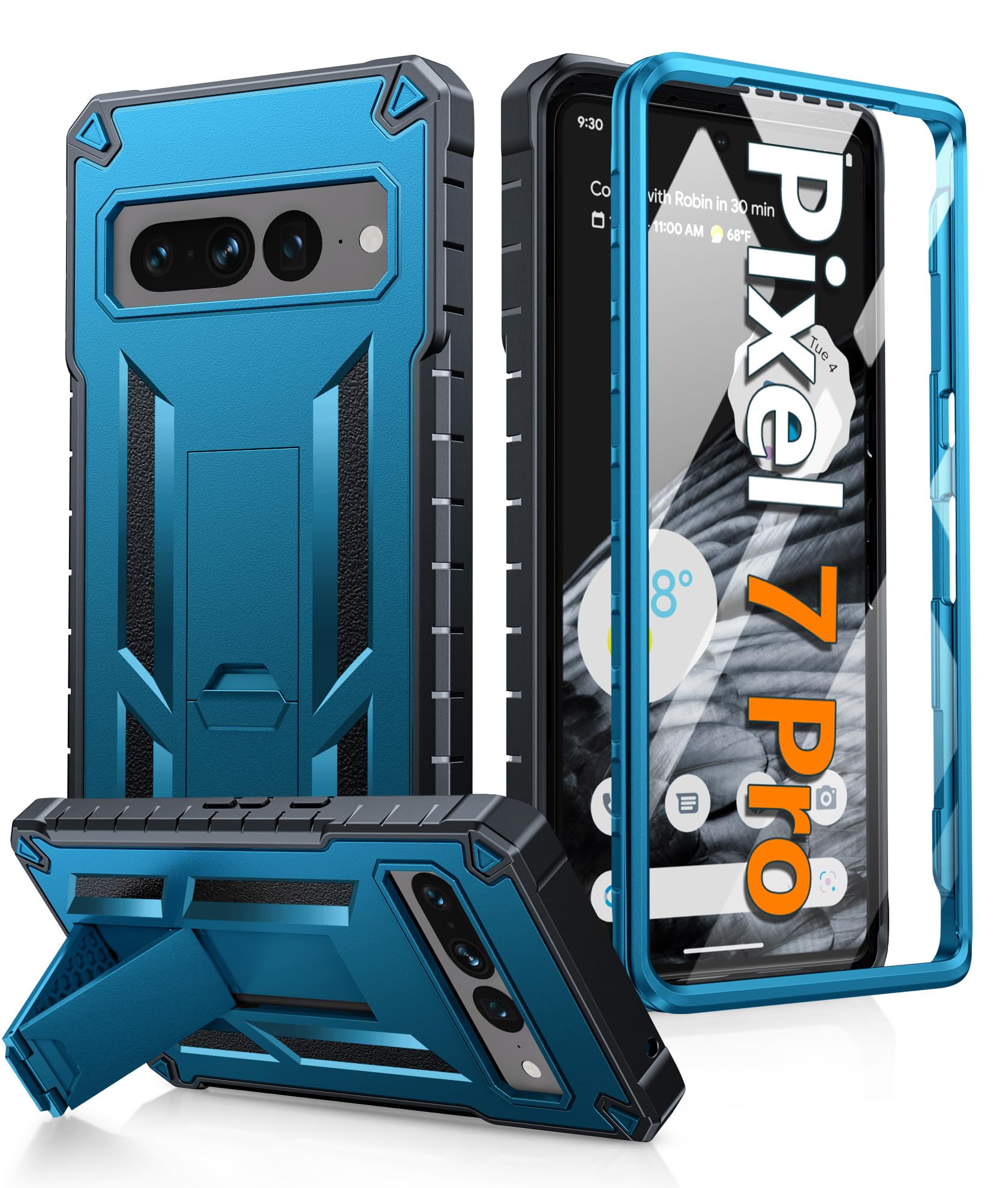 for Google Pixel 7 Pro Case: Shockproof Protective with Built-in Screen Protector & Kickstand - Heavy Duty Dual Layer Rugged Military Grade Drop Proof Cell Phone Cover (Blue Black)