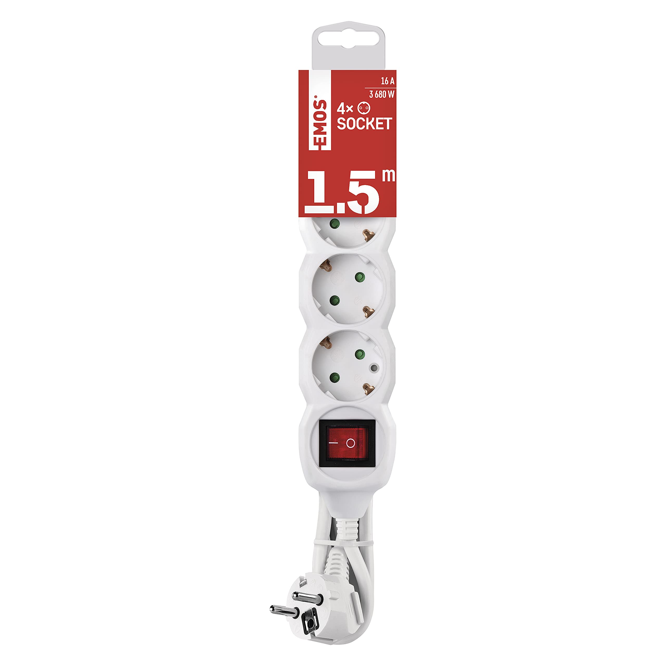 EMOS - 4-way socket strip 1.5 m with switch - 4 earthed sockets rotated 45° - 250 V, 16 A, 3680 W - PVC insulation - H05VV-F3G 1.5 mm2 - increased touch protection - IP20 for indoor -