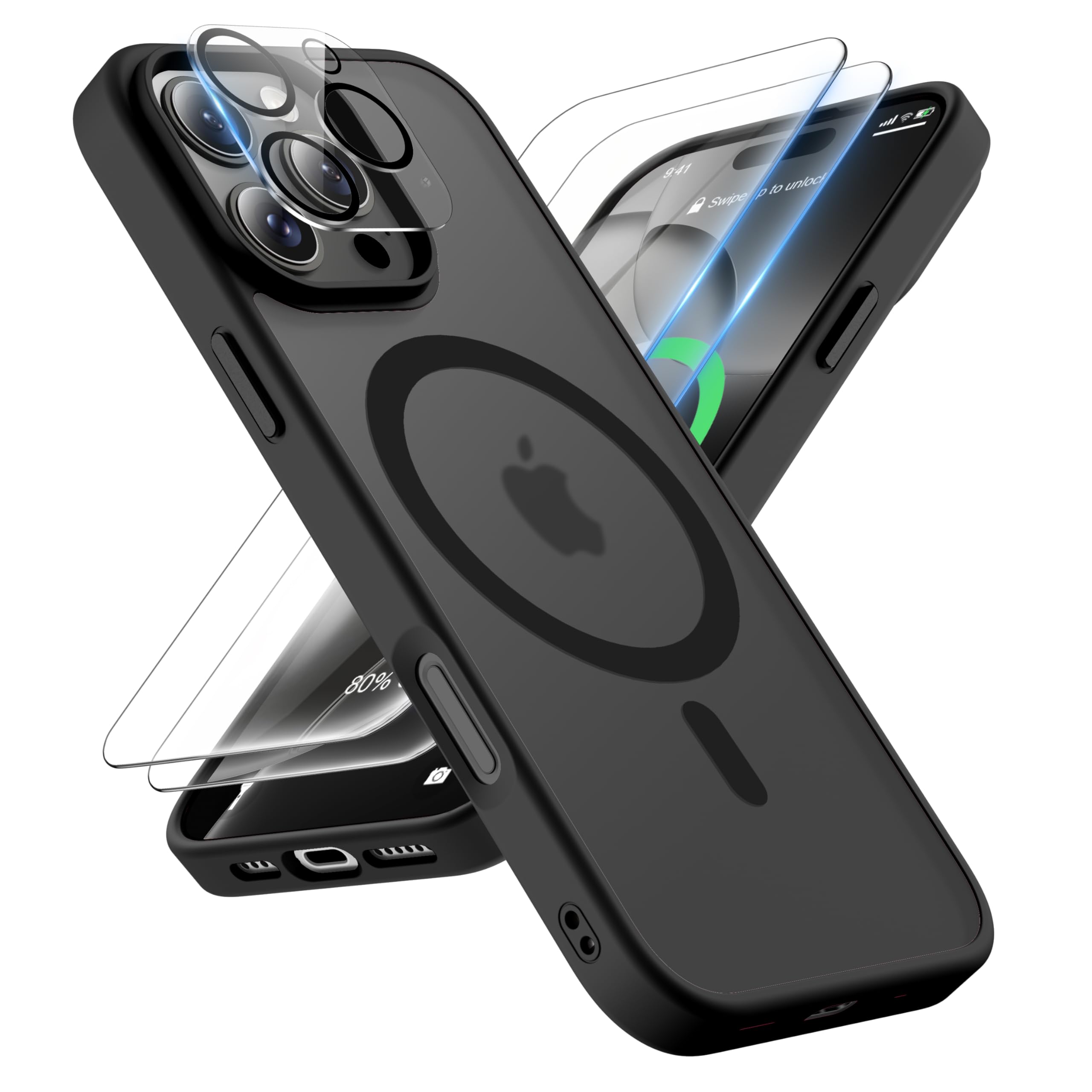 ORETECH Magnetic Case for iPhone 16 Pro Max Case with 2 Screen Protector 1 Camera Protector, Fit for MagSafe, Translucent Matte Back Military Grade Shockproof Phone Case for iPhone 16 Pro Max - Black