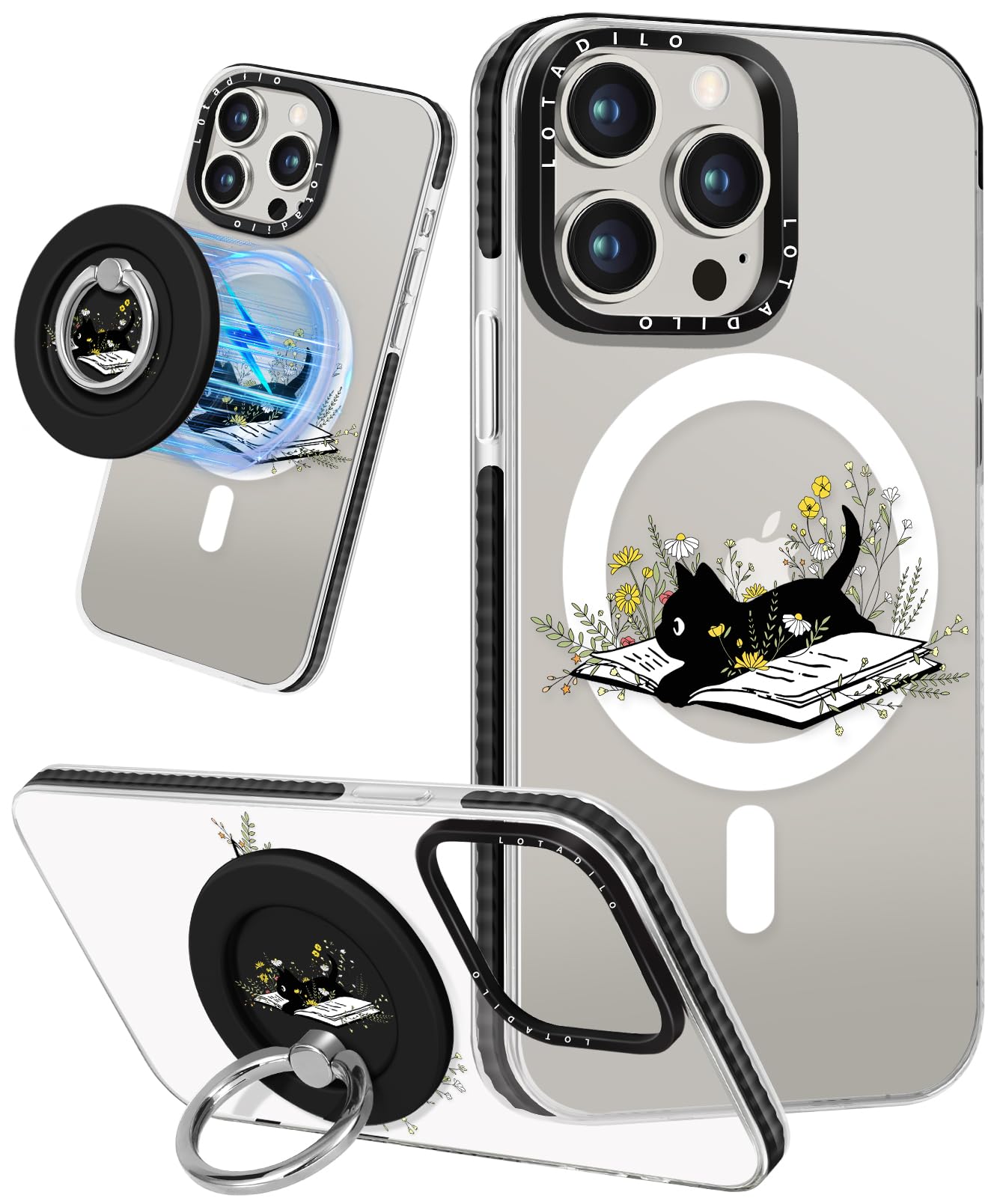 Lotadilo for iPhone 14 Pro Case for Women - Girls Kawaii Design Compatible with Magsafe Magnetic Ring Holder Stand Cat Flower Phone Covers Aesthetic Girly TPU Funda for 14 Pro