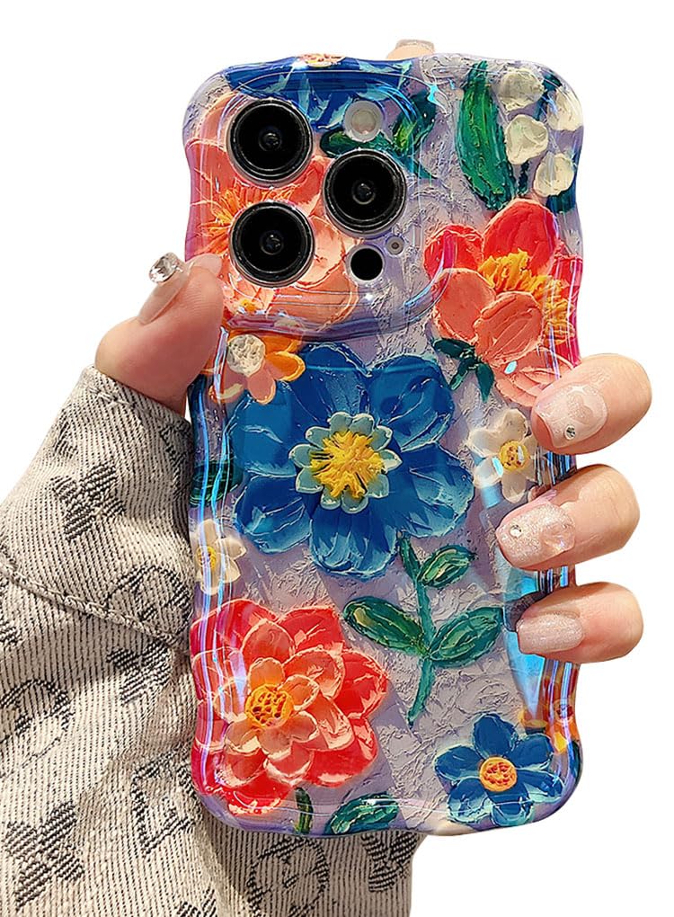 EYZUTAK Case for iPhone 14 Pro Max, Colorful Retro Oil Painting Flower Laser Glossy Cute Curly Wave Edge Case Stylish Durable Soft TPU Protective Phone Cover for Girl Women - Blue Flower/Blue