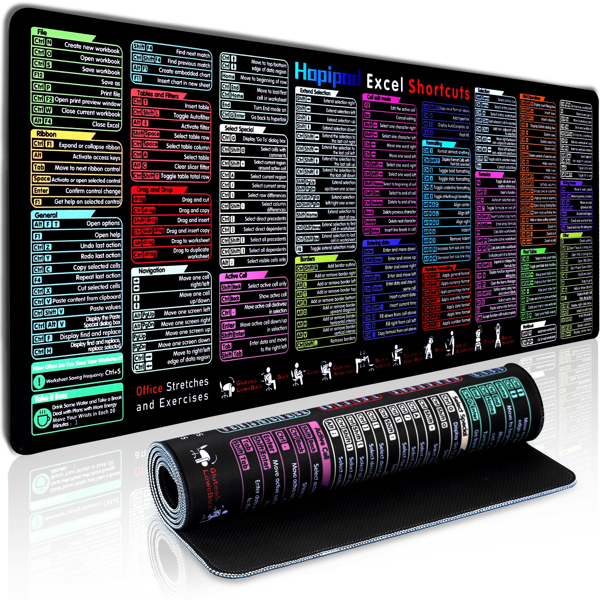Excel Cheat Sheet Desk Pad with 231 Shortcuts | US Local Store | XL 31.5"x11.8" Waterproof Mousepad | Non-Slip Office & Gaming Desk Mat | Stitched Edges | Employee Appreciation Gifts