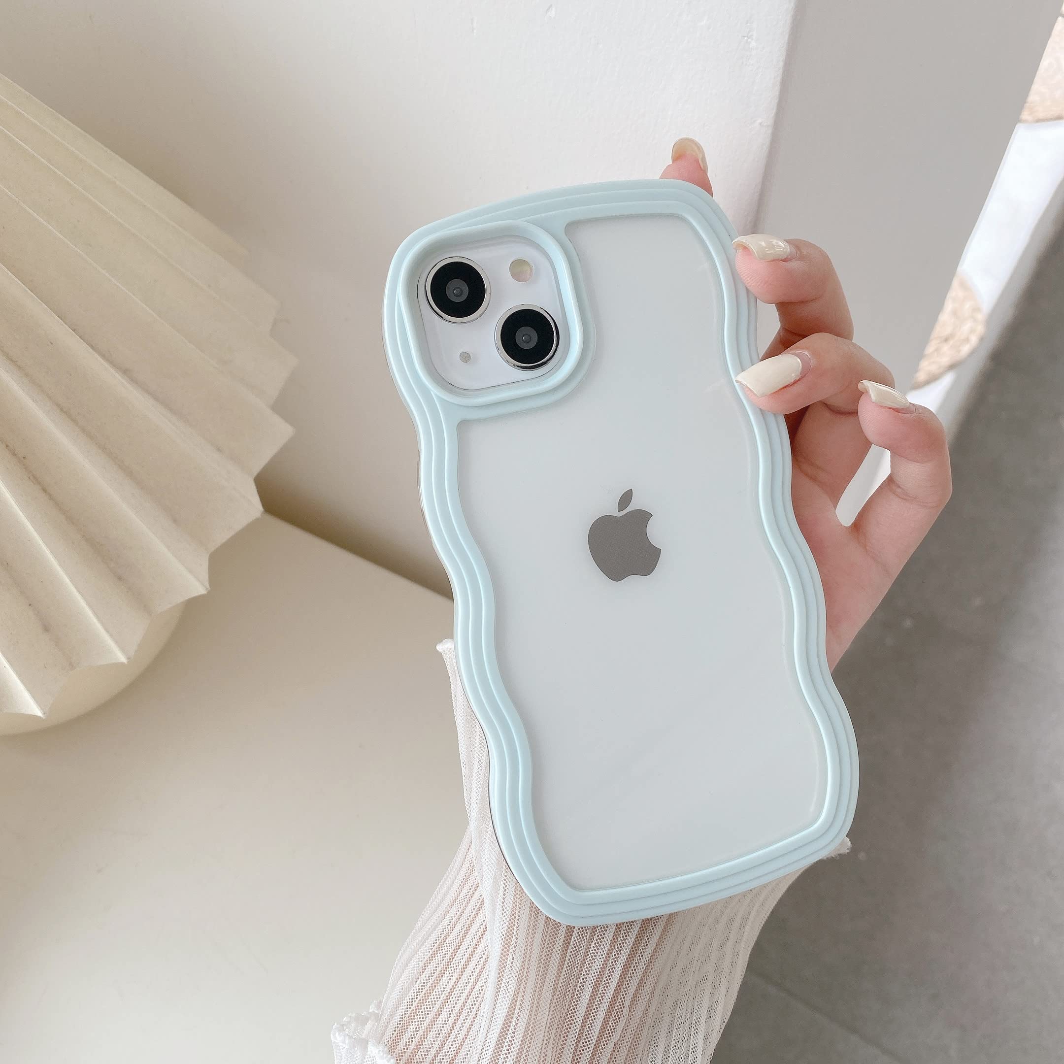 QLTYPRI Case for iPhone 13 Pro Max, Cute Curly Wave Frame Clear Case for Girls Women, Transparent Soft TPU Bumper Shockproof Phone Cover for iPhone 13 Pro Max- Light Blue
