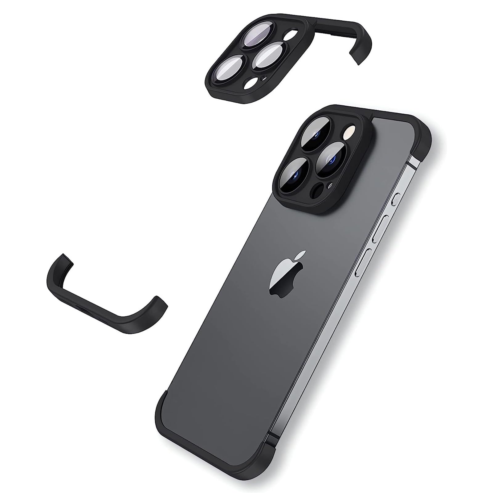 KUGEW for iPhone 16 Pro Frameless Bumper Case with Camera Lens Protector, Slim Fit No Back No Frame Design TPU Bumper Compatible with MagSafe Excellent Heat Dissipation Minimalist (Black)