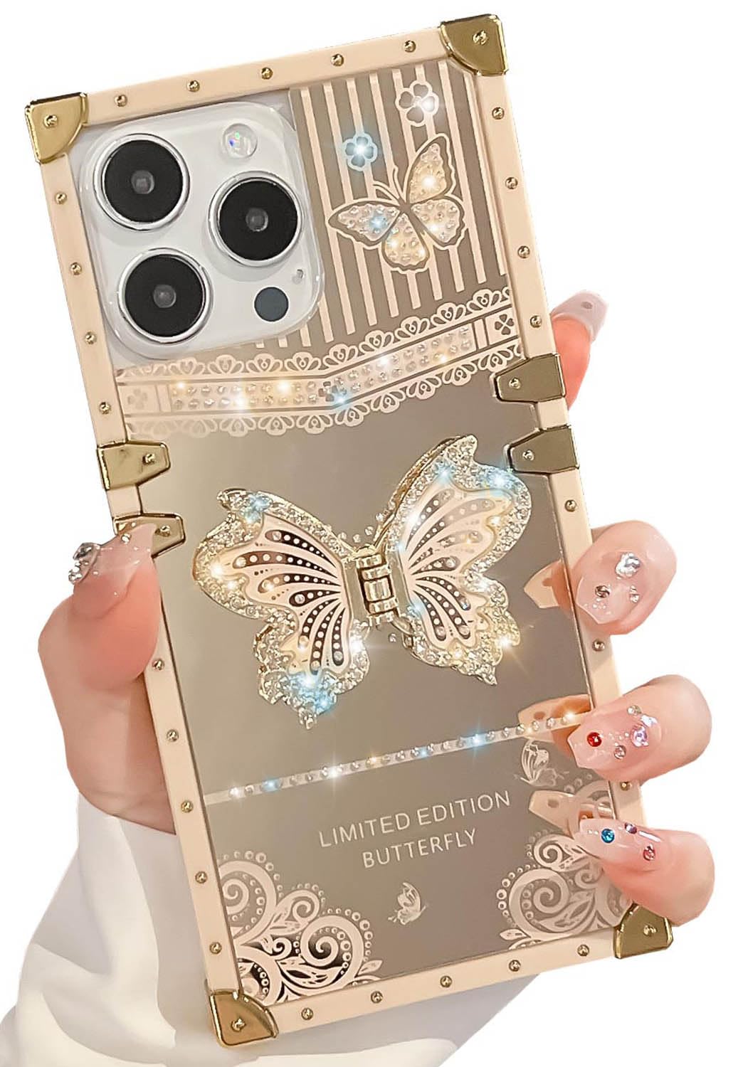 TETAW Cute Compatible with iPhone 16 Pro Max Case with Luxury Bling Glitter Butterfly Foldable Stand Kickstand,Girly Soft PC Mirror Bumper Protective Cover for Women & Girls(Light Gold)
