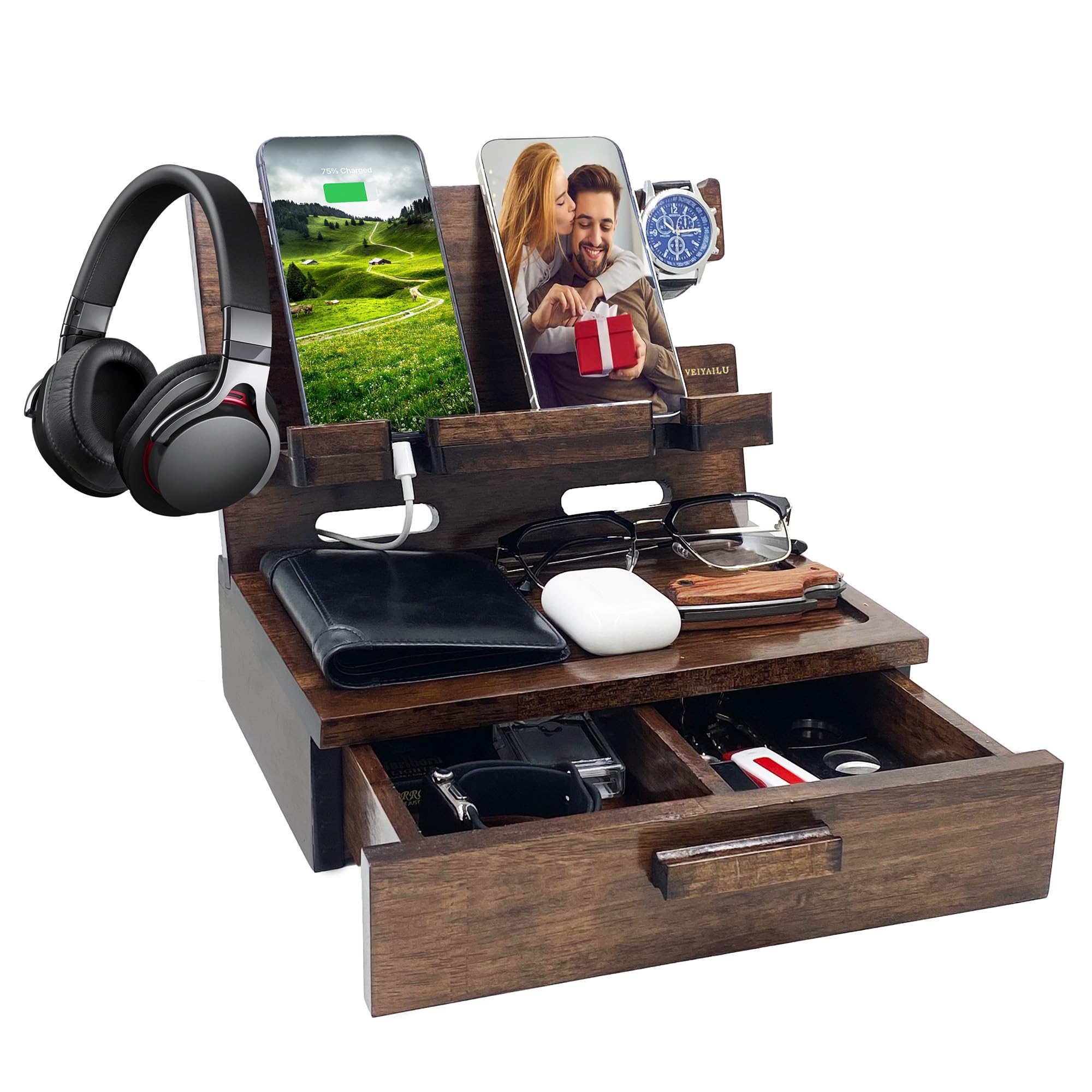 VEIYAILU Gifts for Men Women Husband Son Boyfriend Him Nightstand Organizer Wood Phone Docking Station Birthday Gifts (Walnut)