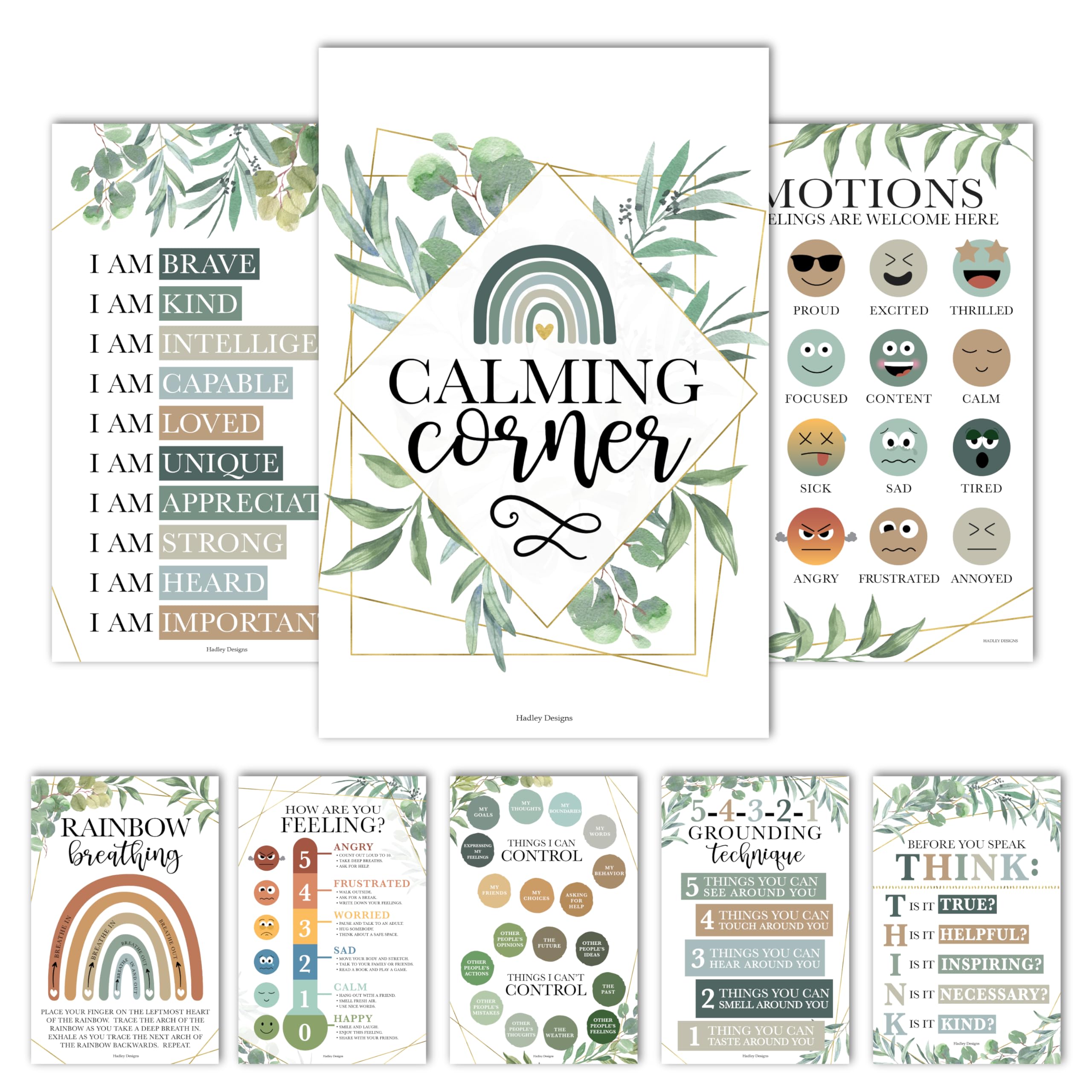Hadley Designs 8 Greenery Calming Corner Classroom Posters Preschool Classroom Decorations For Preschool Teachers, Feelings Chart For Kids Educational Posters For Classroom