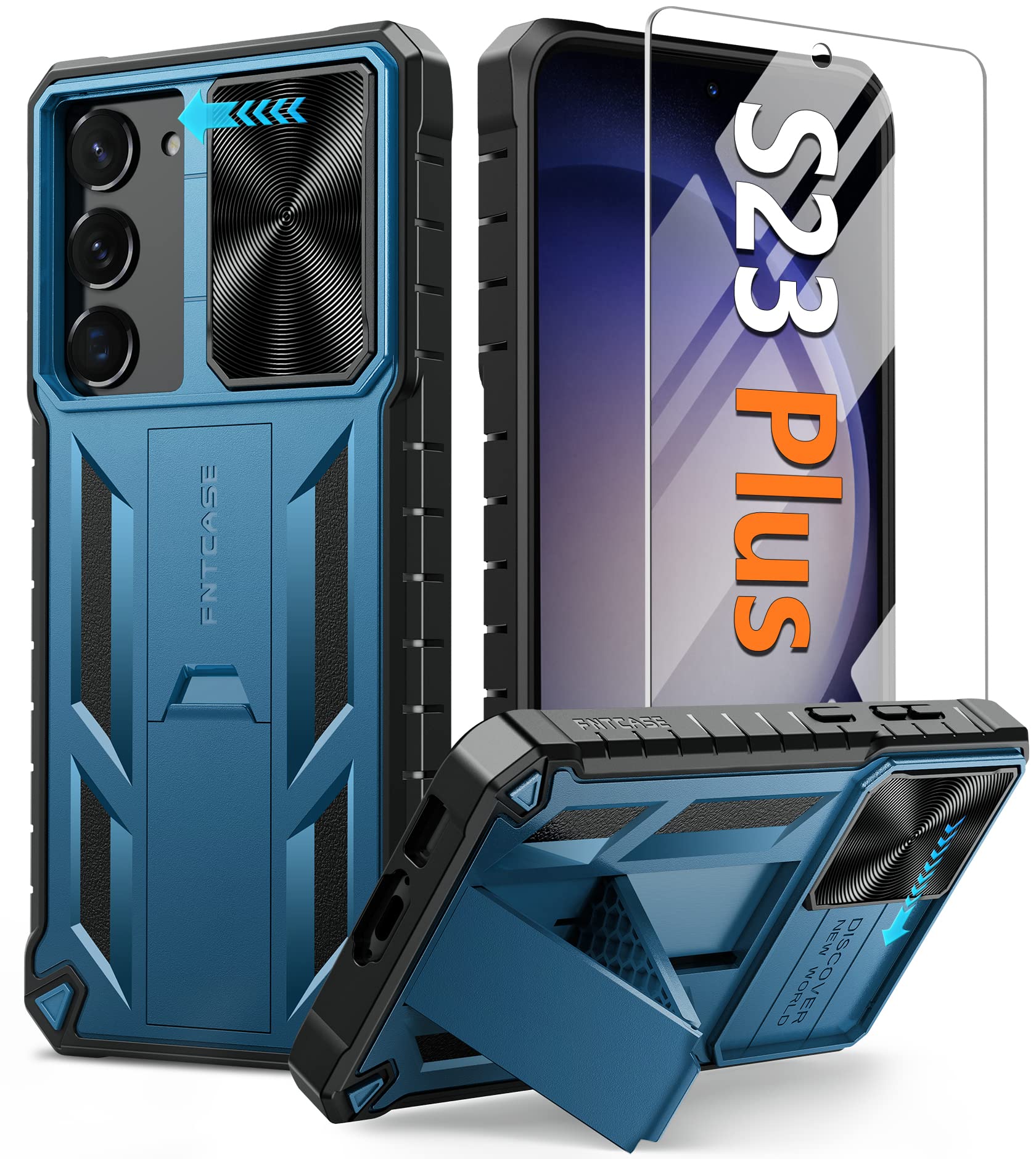 FNTCASE for Samsung S23+ Plus Case: Military Grade Drop Protection Case Galaxy S23+ Shockproof Matte Mobile Cases with Kickstand and Slide Cover Blue