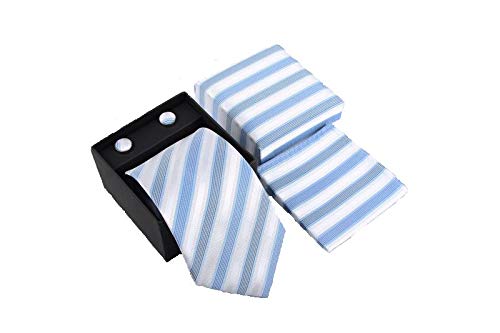 DND Distribution Mens Tie Set; Tie, Cufflinks & Pocket Square Set. 3 Piece Set. Mens Gift Set! Tie For Office (Blue&White 26)
