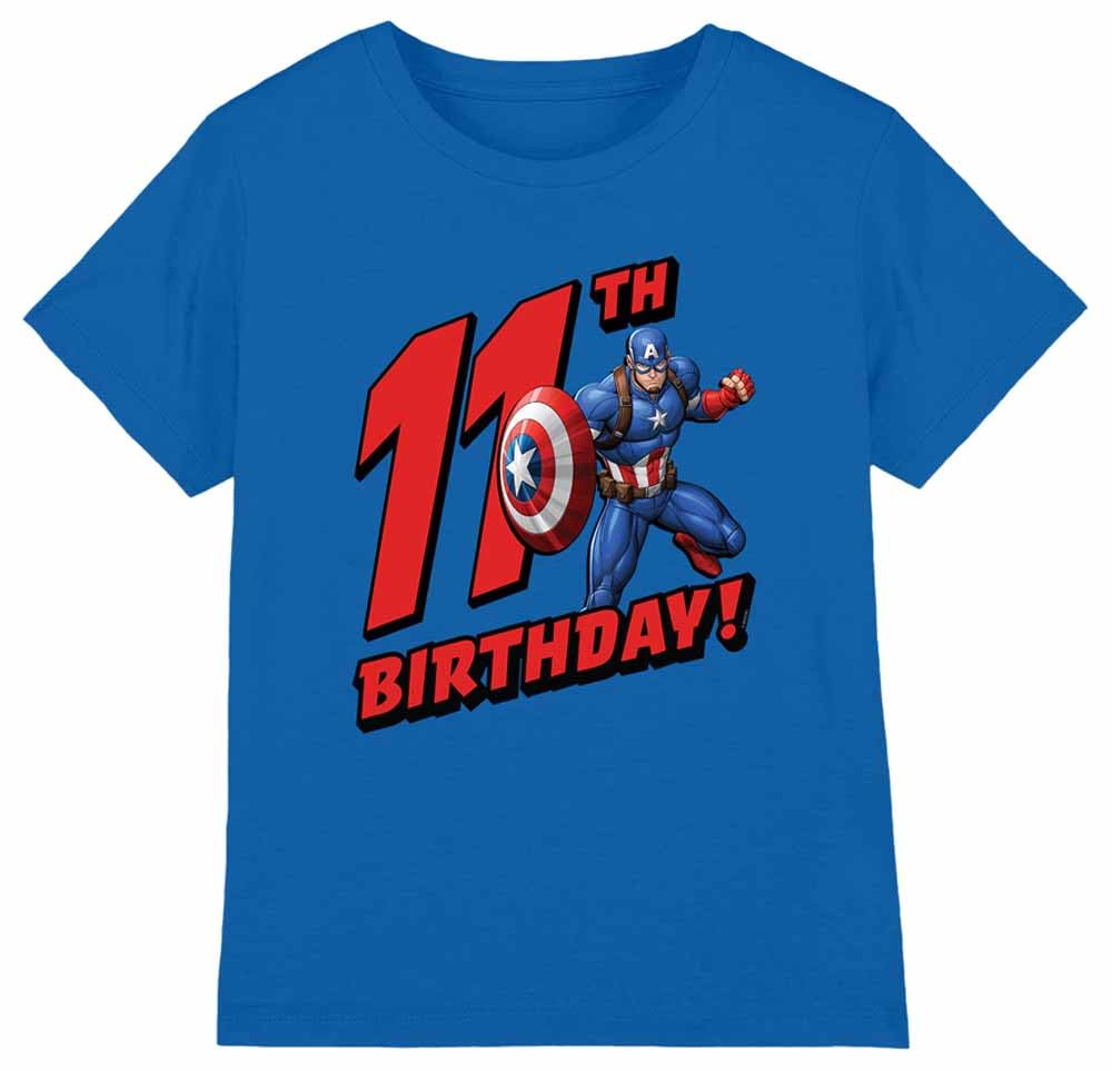 CAPTAIN AMERICA Birthday 11 Unisex Kids T Shirt, Royal, 7-8 Years