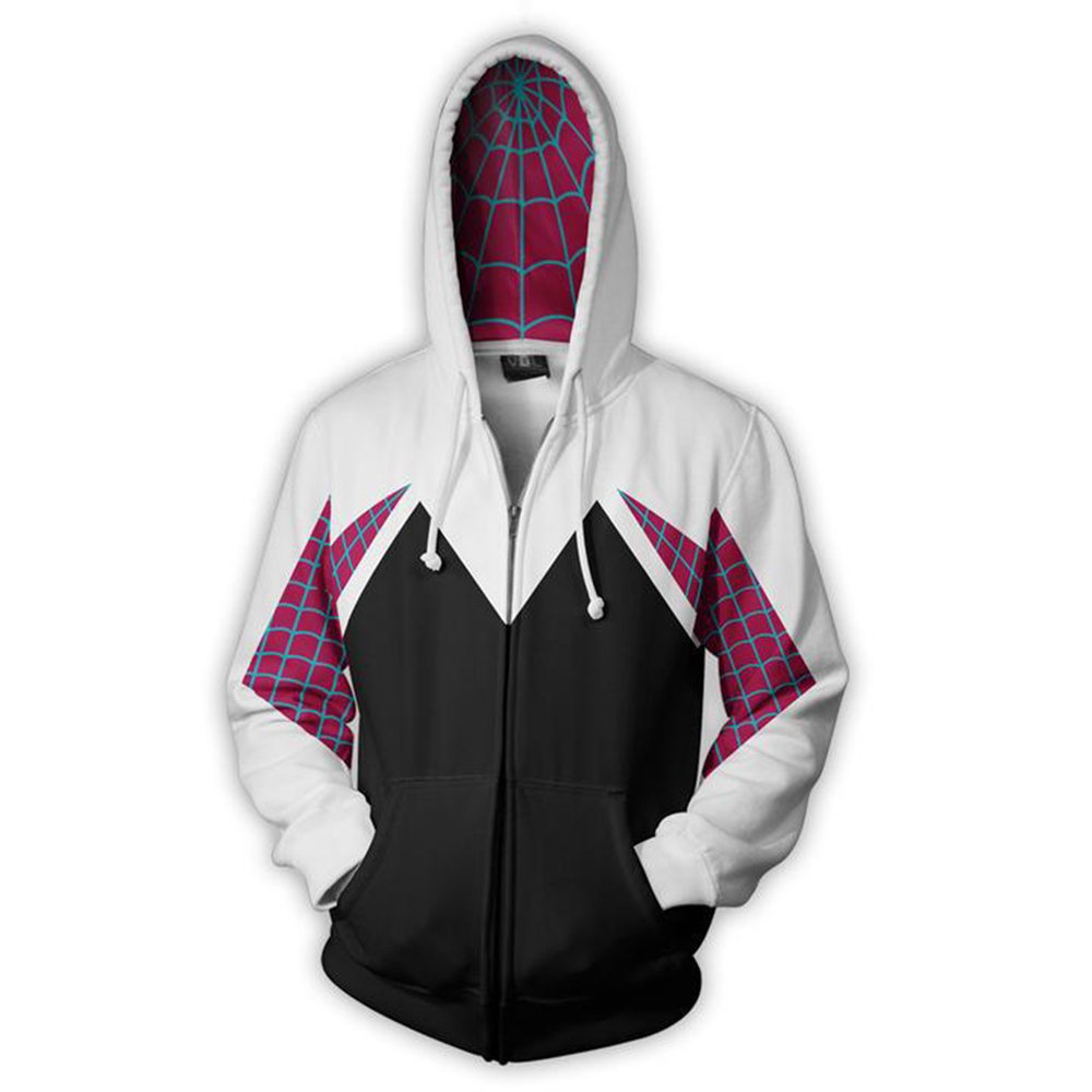 Wsysnl Cos Spider Gwen Superhelden-Kapuzen-Sweatshirt, 3D-Stil, Reißverschluss, Unisex, Erwachsene, Weiss/opulenter Garten, M