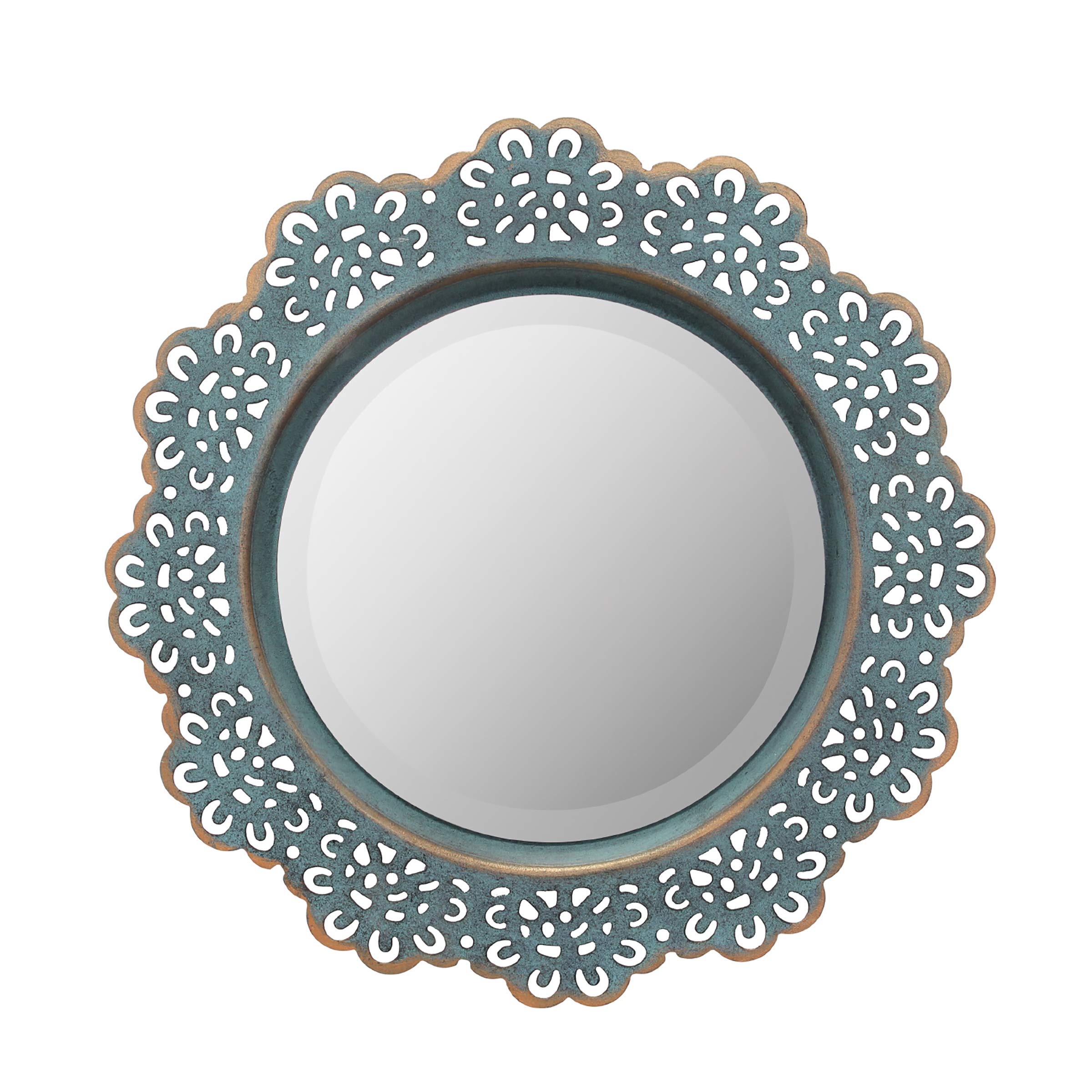 Stonebriar Decorative Round Metal Lace Wall Mirror with Attached Hanger, Turquoise, 12.5"