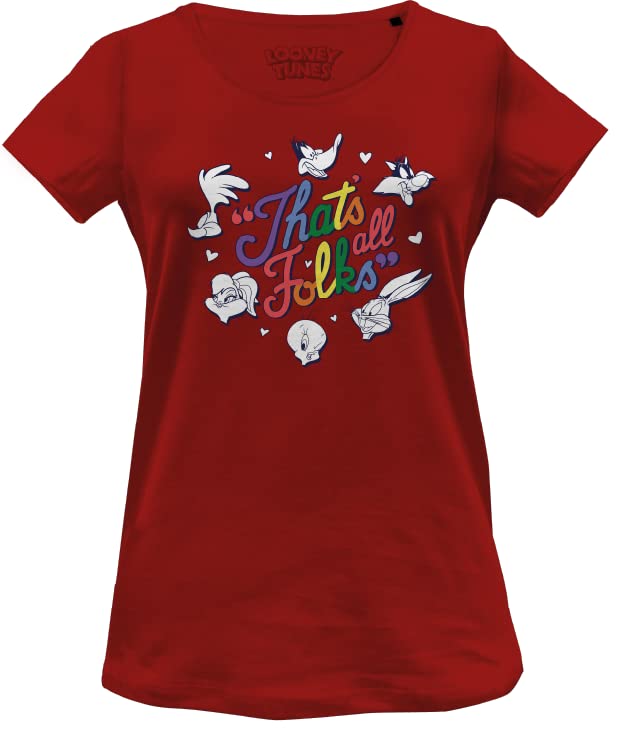 cotton division Looney Tunes That's All Folks Rainbow WOLOONETS088 Women's T-Shirt, Red, XXL, Red, XXL