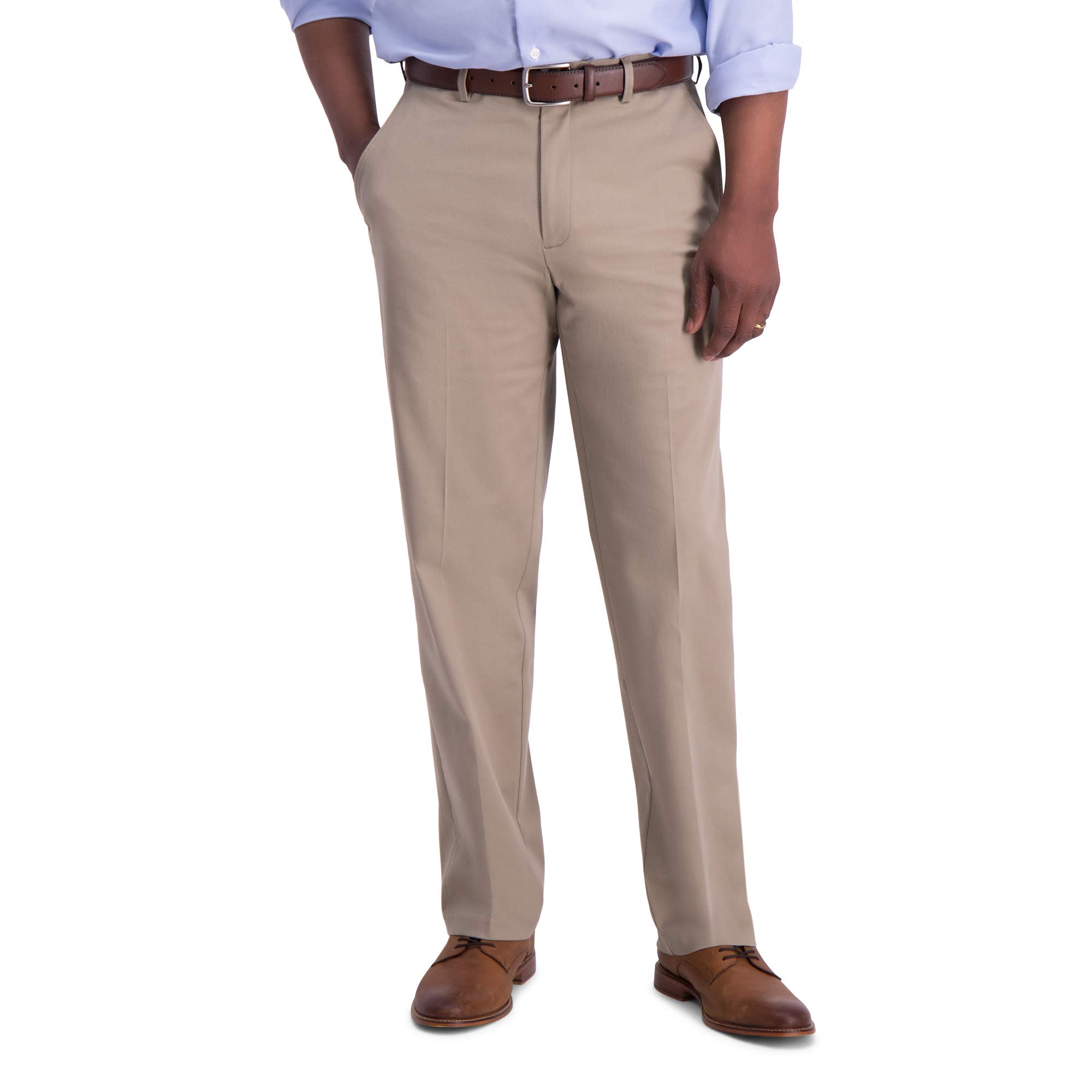 Haggar Men's Iron Free Classic Expandable Waistband Casual Pant, Medium Khaki, 44W x 30L