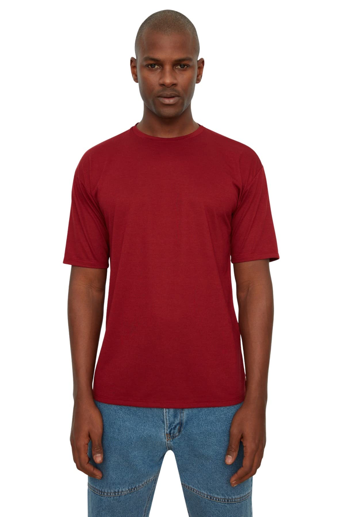 Trendyol Man Basics Relaxed fit Basic Crew Neck Woven T-Shirt Burgundy