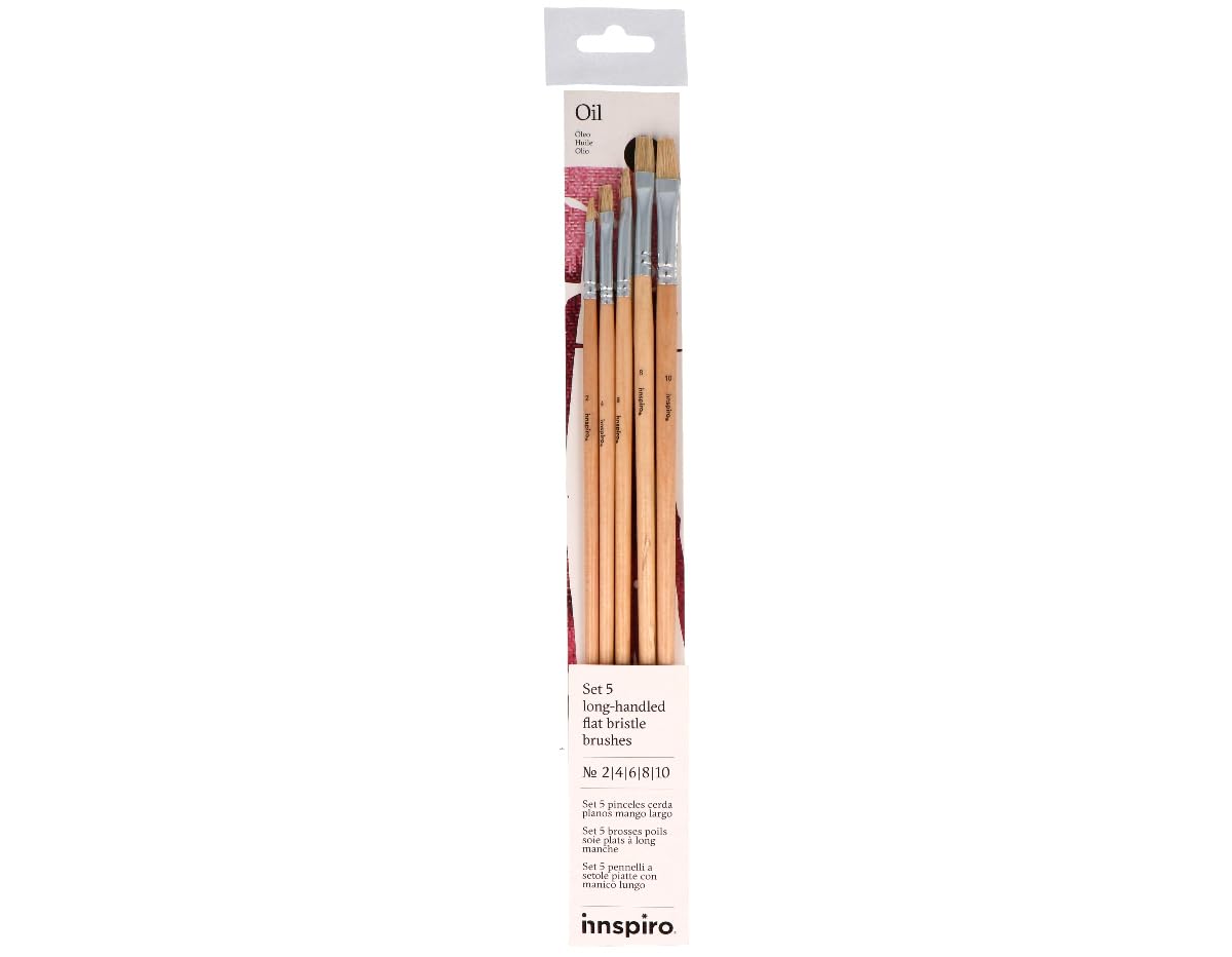 INNSPIRO Set of 5 Flat Bristle Brushes Long Handle No. 2, 4, 6, 8, 10, for Acrylic, Watercolor, Gouache, Oil, Ideal for Beginners and Professionals