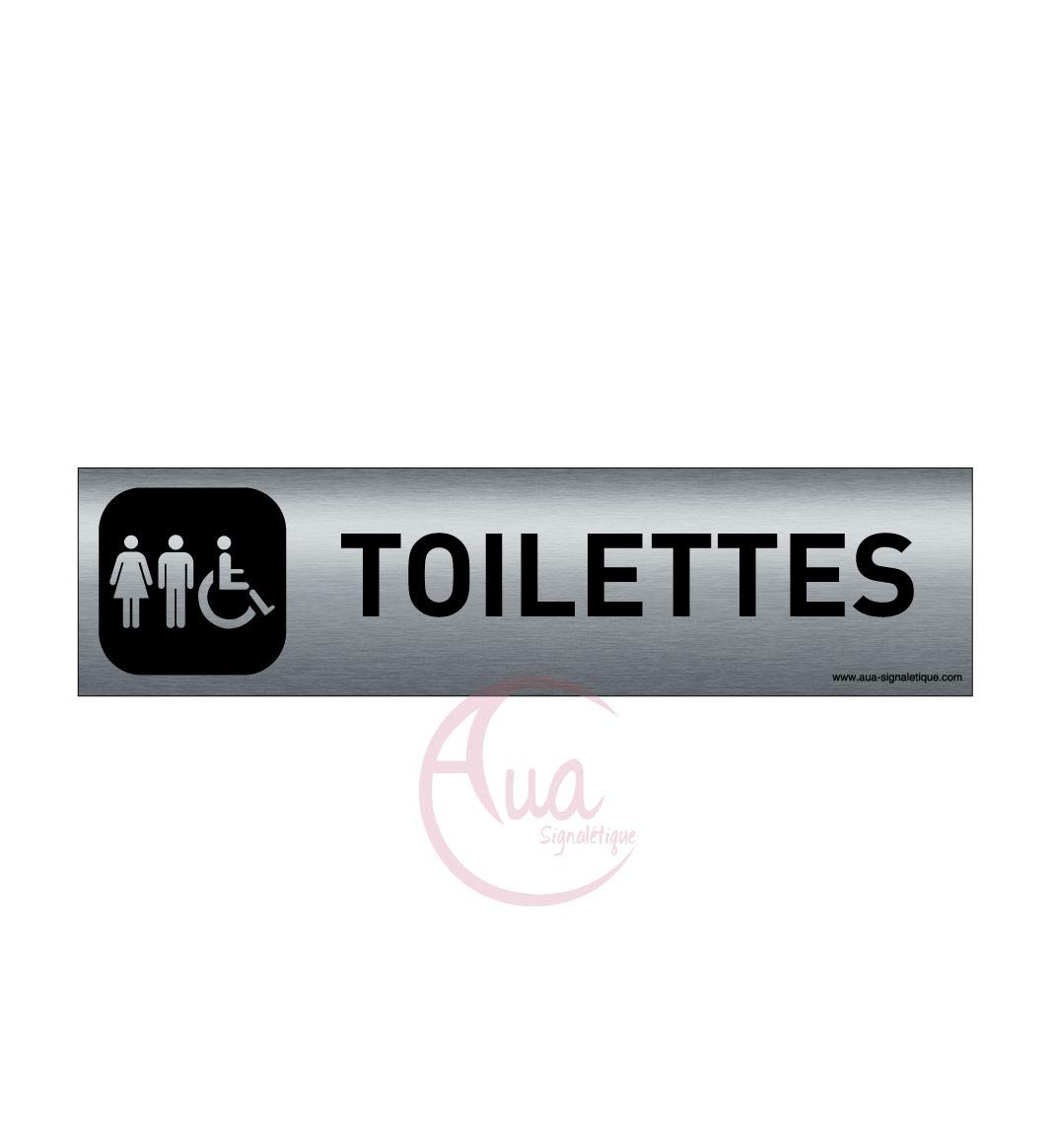 AUA SIGNALETIQUE - Plaque Aluminium brossé imprimé AluSign DARK - 200x50 mm - Double Face adhésif au dos (Toilettes mixtes)