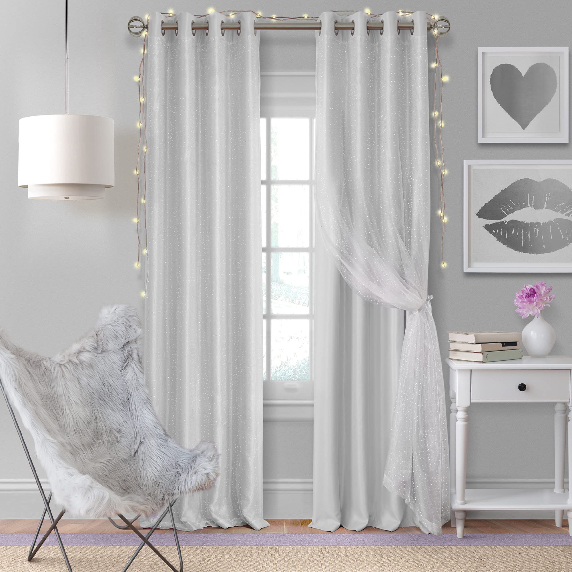Elrene Home Fashions Aurora Kids Sheer Sparkle Overlay Blackout Window Curtain Panel, Pearl Gray, 52"x95"
