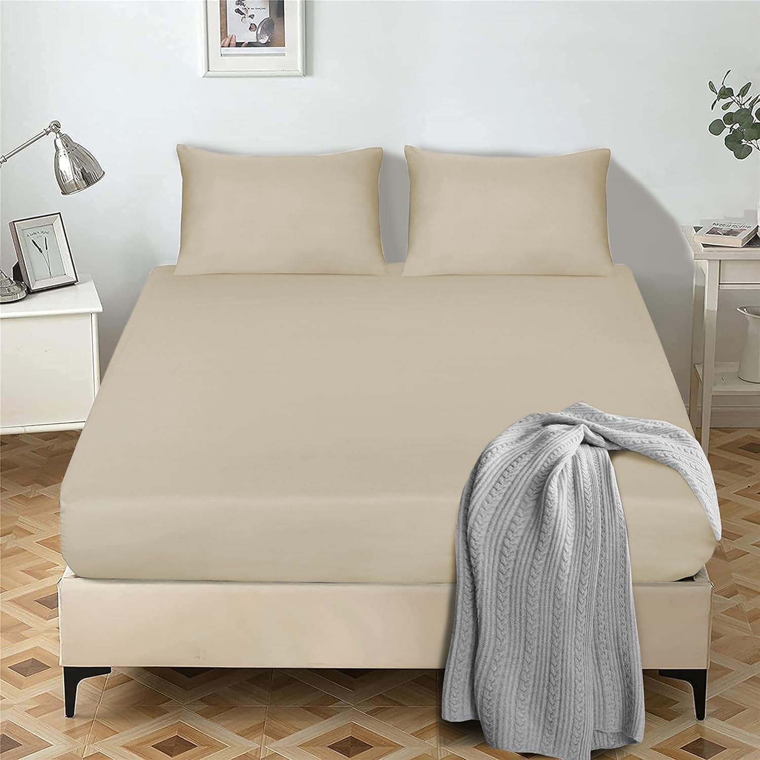 My home store Fitted Sheet 25 cm Deep Brushed Microfiber Ultra Soft No-Iron Wrinkle-Resistant Plain Dyed Fitted Bed Sheets Hypoallergenic Breathable Sheets (Beige, King)