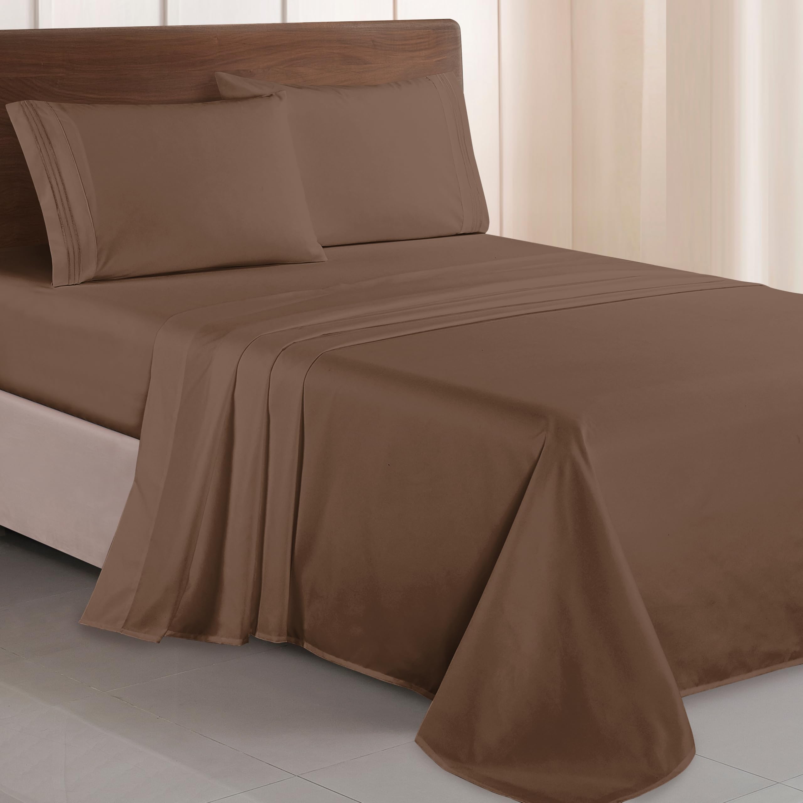 Elegant Comfort Luxurious 1500 Premium Hotel Quality Microfiber Three Line Embroidered Softest 4-Piece Bed Sheet Set, Wrinkle and Fade Resistant, Twin/Twin XL, Taupe