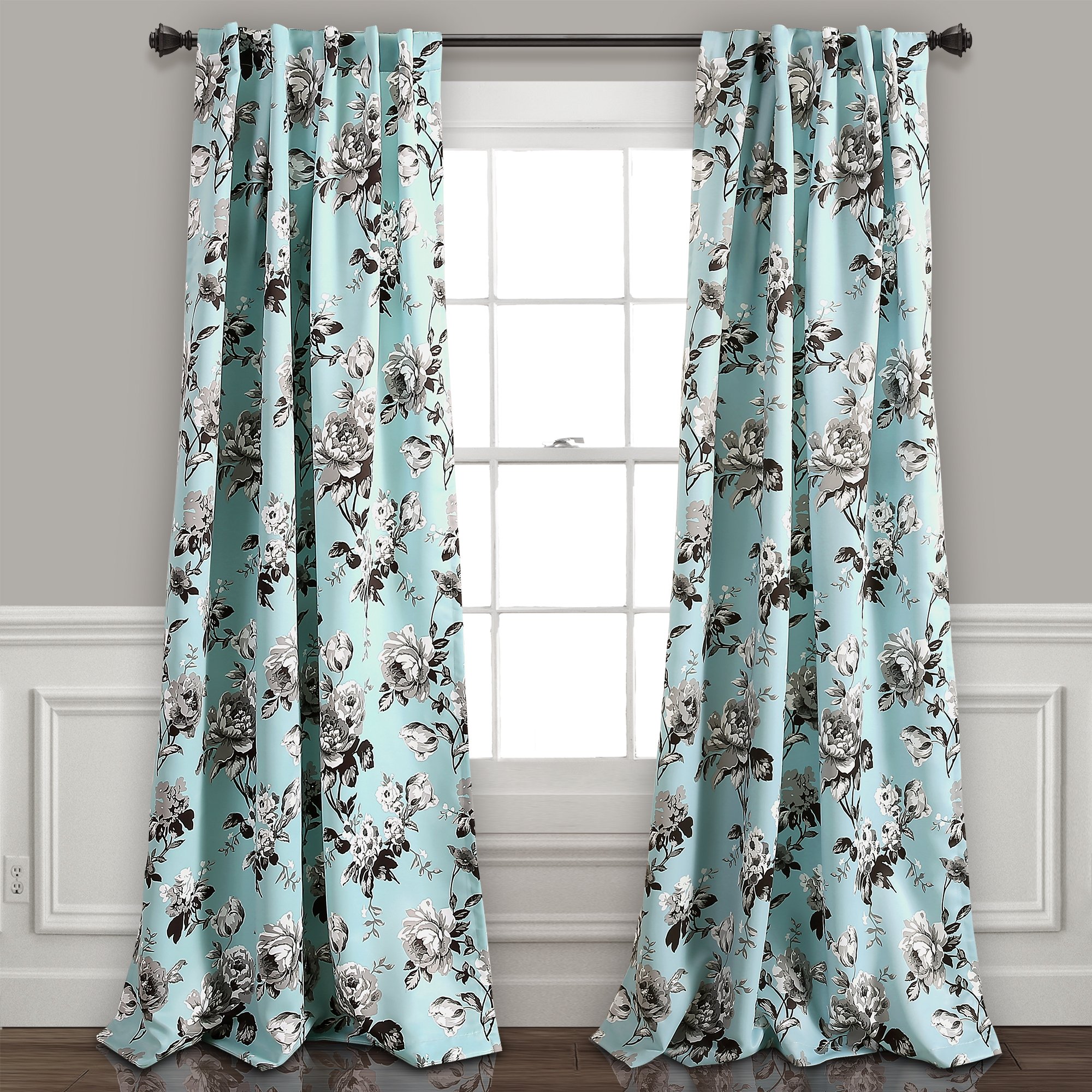 Lush Decor, Blue and Gray Tania Curtains | Floral Garden Room Darkening Window Panel Set for Living, Dining, Bedroom (Pair), 84” x 52
