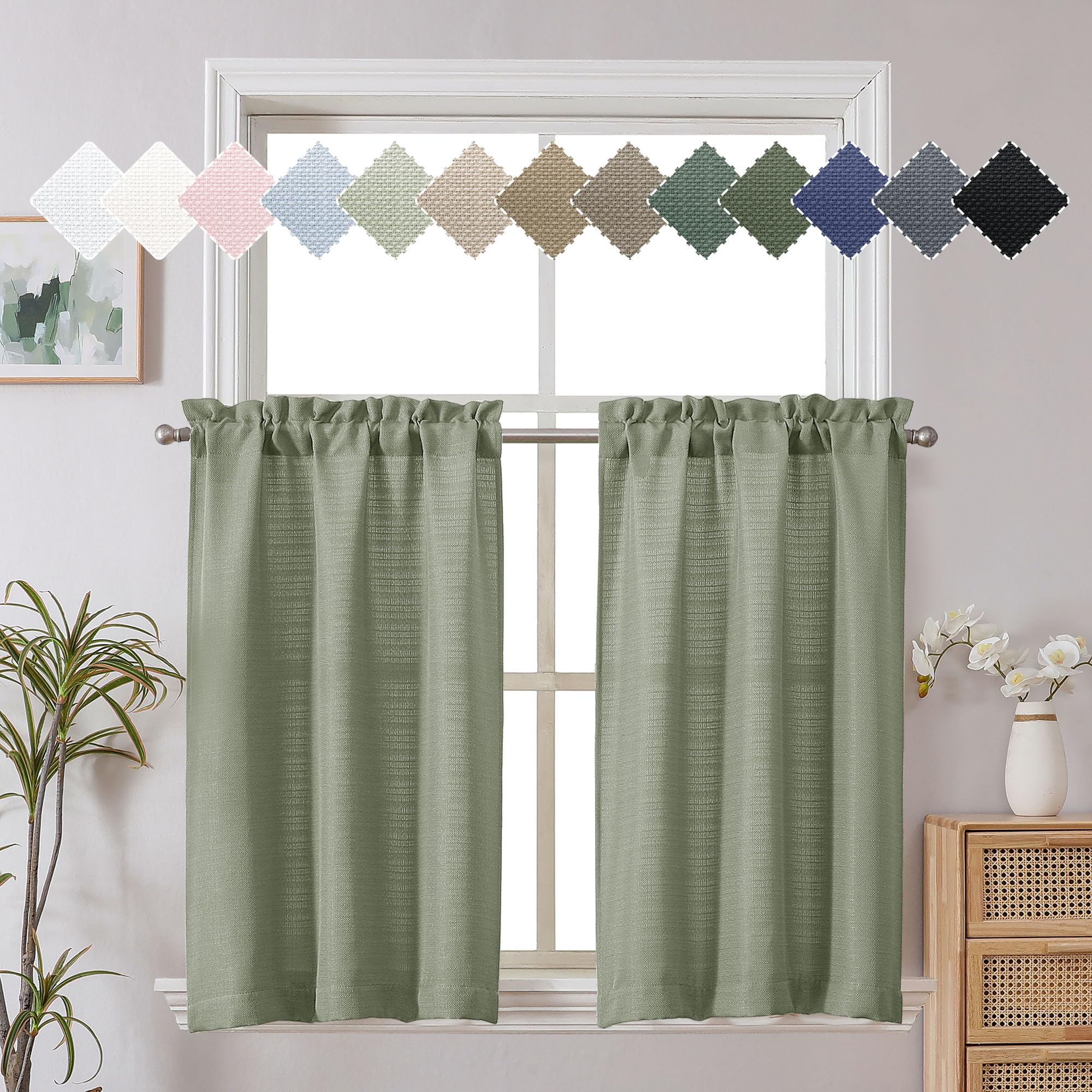 Chyhomenyc Light Green Curtains 30 Inch Length, Faux Linen Textured Small Cafe Curtains, Light Filtering Short Curtains for Bedroom Curtains Window, 30x30 Inch, 2PCS