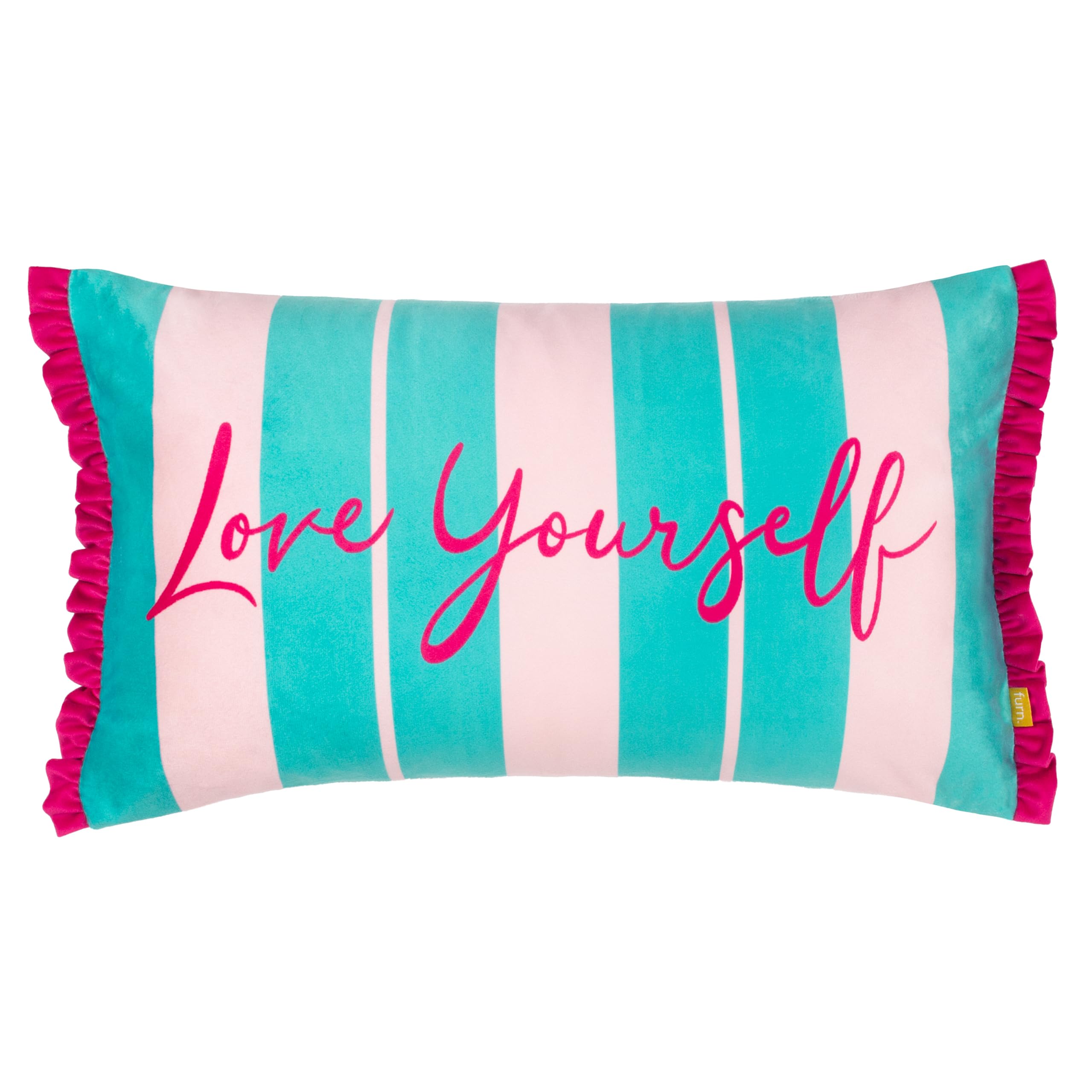 furn. Love Yourself Velvet Frilled Cushion Cover, 50 x 30 cm (Pack of 1), Aqua/Pink