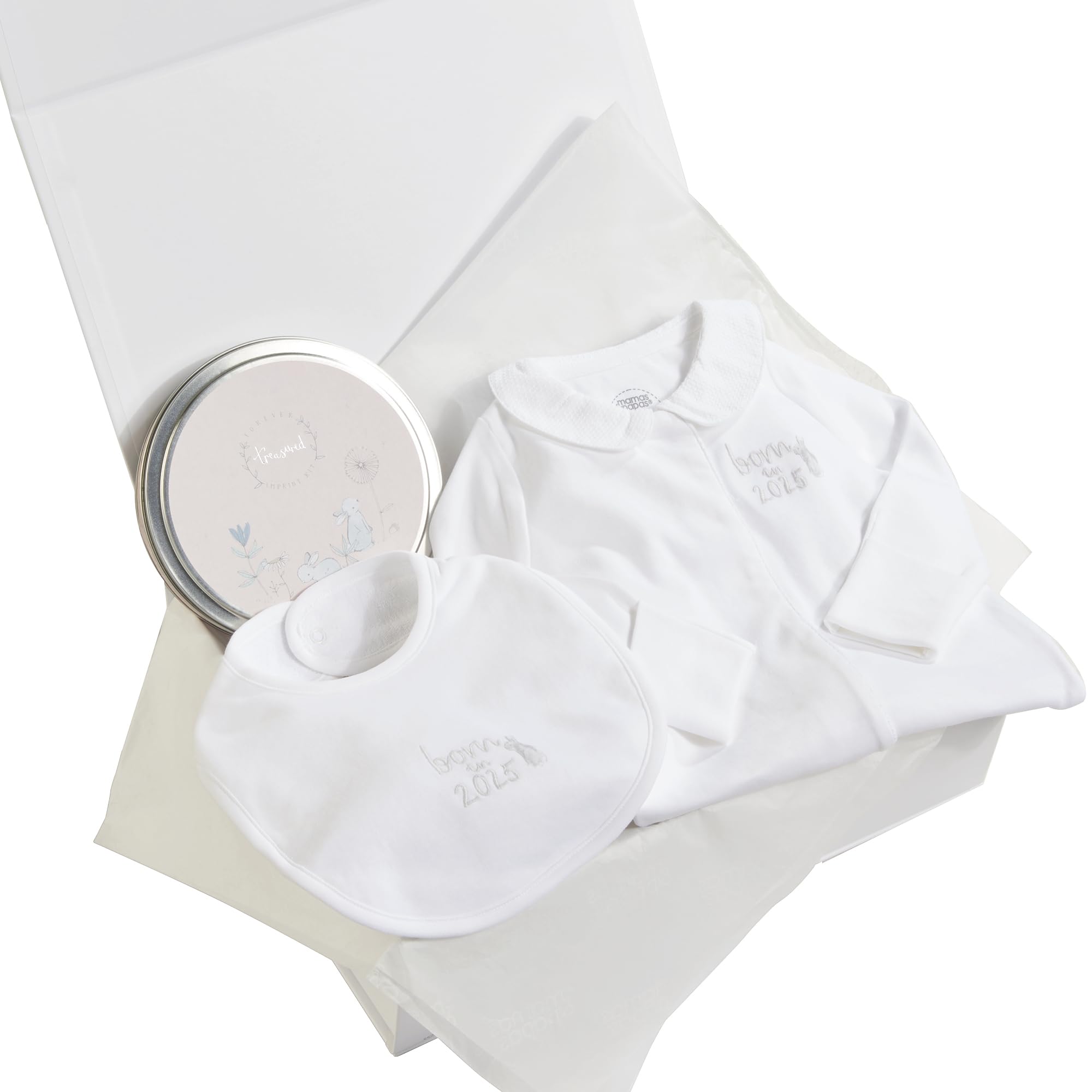 Mamas & Papas Baby Girl Gift Box - Soft & Comfy Set of Newborn Baby Gifts with Sleepsuit, Matching Bib, and Hand/Foot Imprint Tin - ‘Born in 2025’ Print and Embroidery - Medium