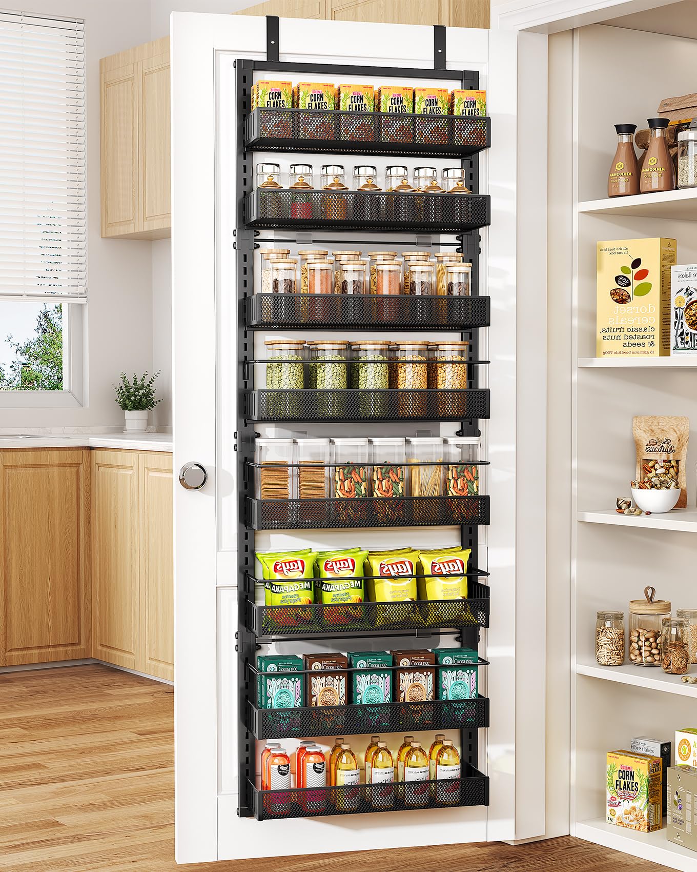 Over the Door Pantry Organizer - 8 Tier Adjustable Pantry Door Spice Organizer, Large Capacity Hanging Door Spice Rack for Kitchen Pantry Organizers and Storage (Black, 17"W x 6"D x 69"H)