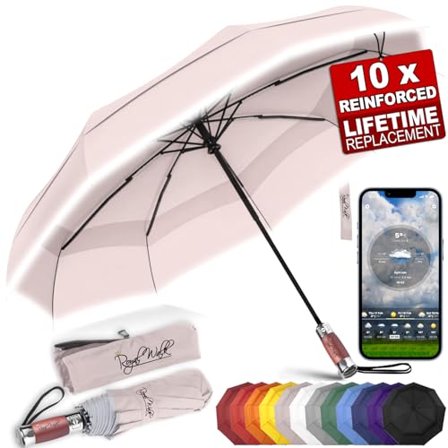 Royal Walk Windproof Folding Travel Umbrella Compact and Strong Luxurious Real Wood Handle Automatic Open Close Vented Double Canopy for Men and Women