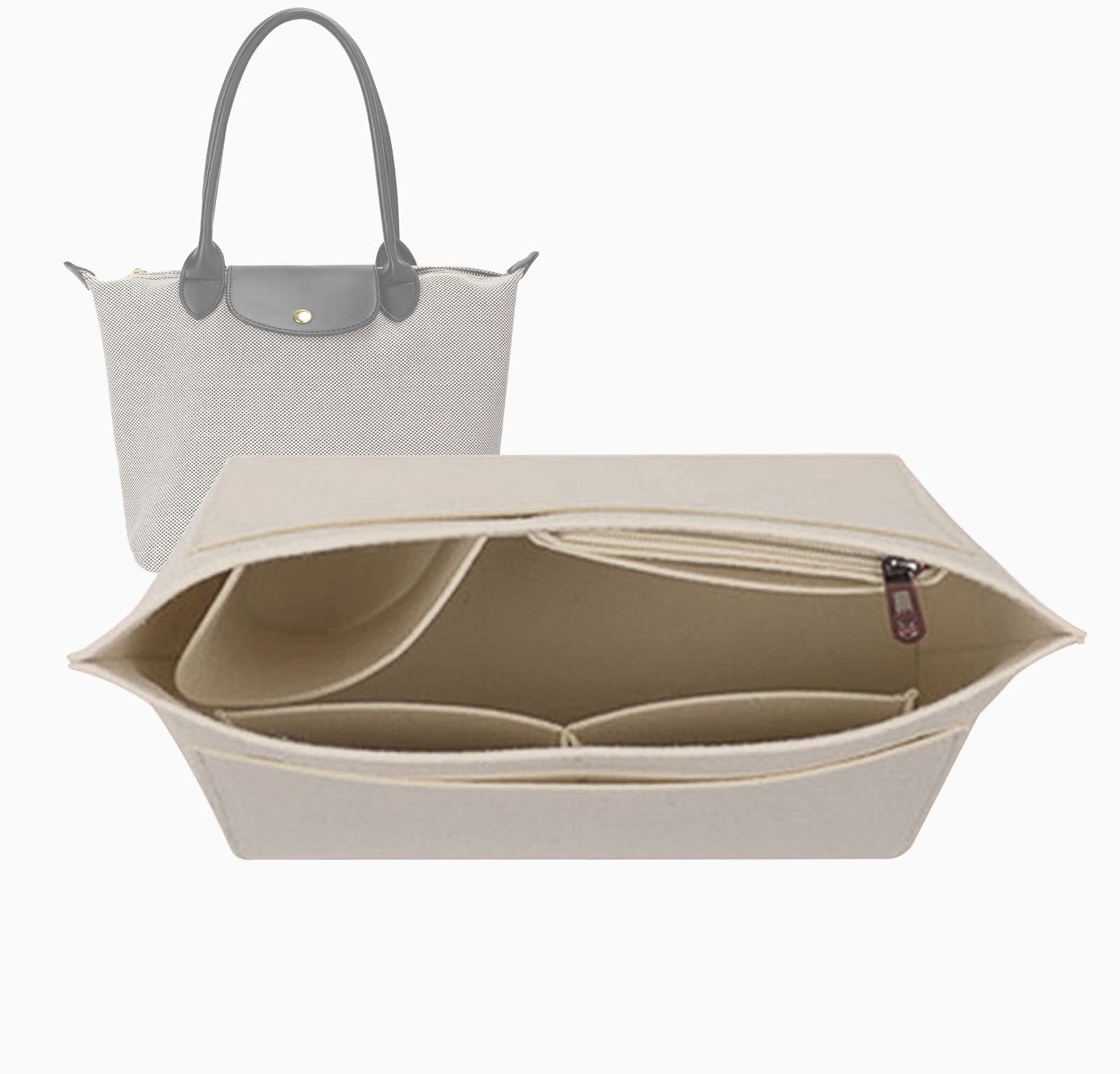 Lckaey tote bag organizer insert for Longchamp le pliage large tote insert felt purse zipper bag organizer beige, L/16.5 * 6.7 * 9.8in