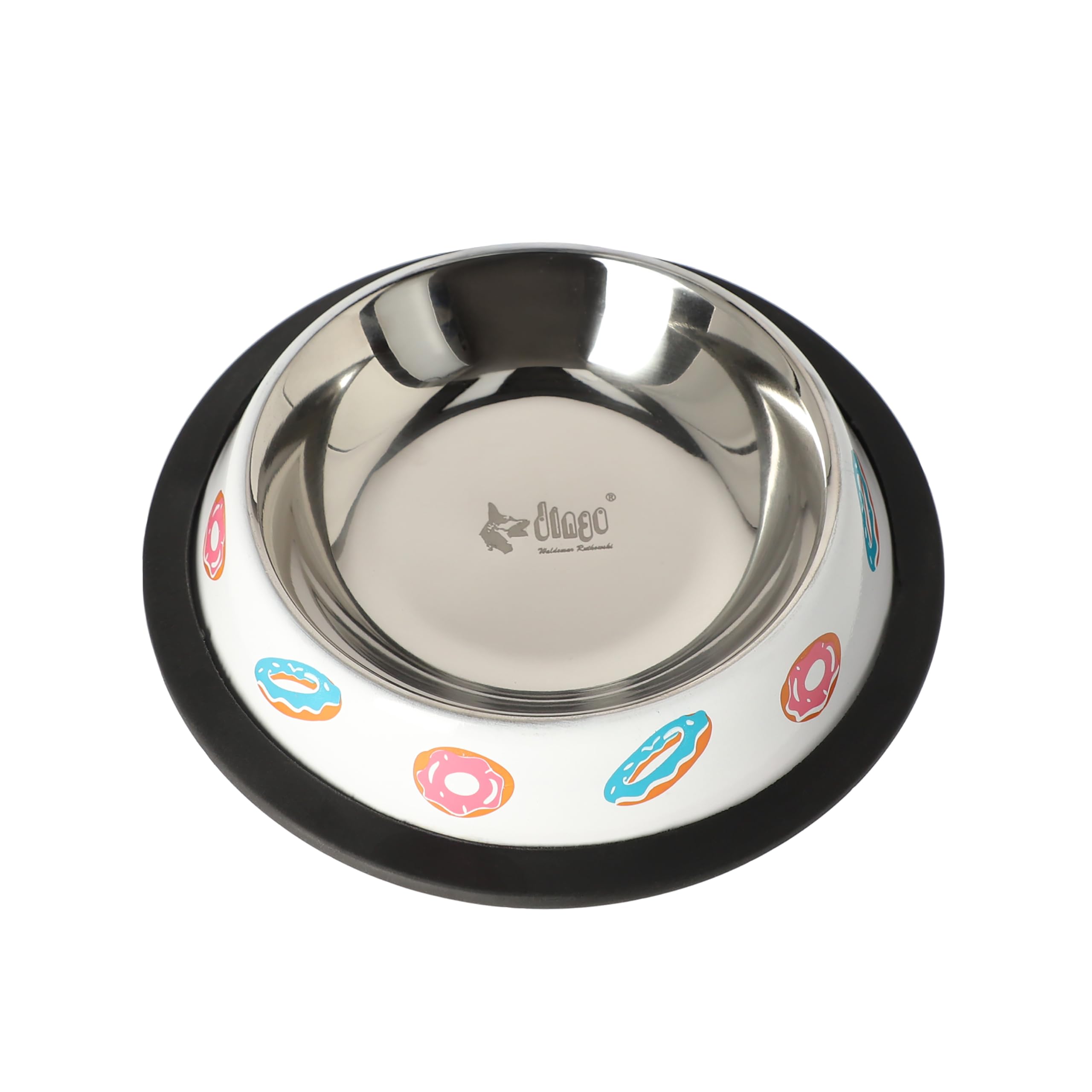 Dingo Waldemar Rutkowski Dog Bowl - Heavy Duty Metal Non Slip Dog Bowl with Rubber Base, Ergonomic Shape, Donuts, 0.48L Capacity (Z30041)