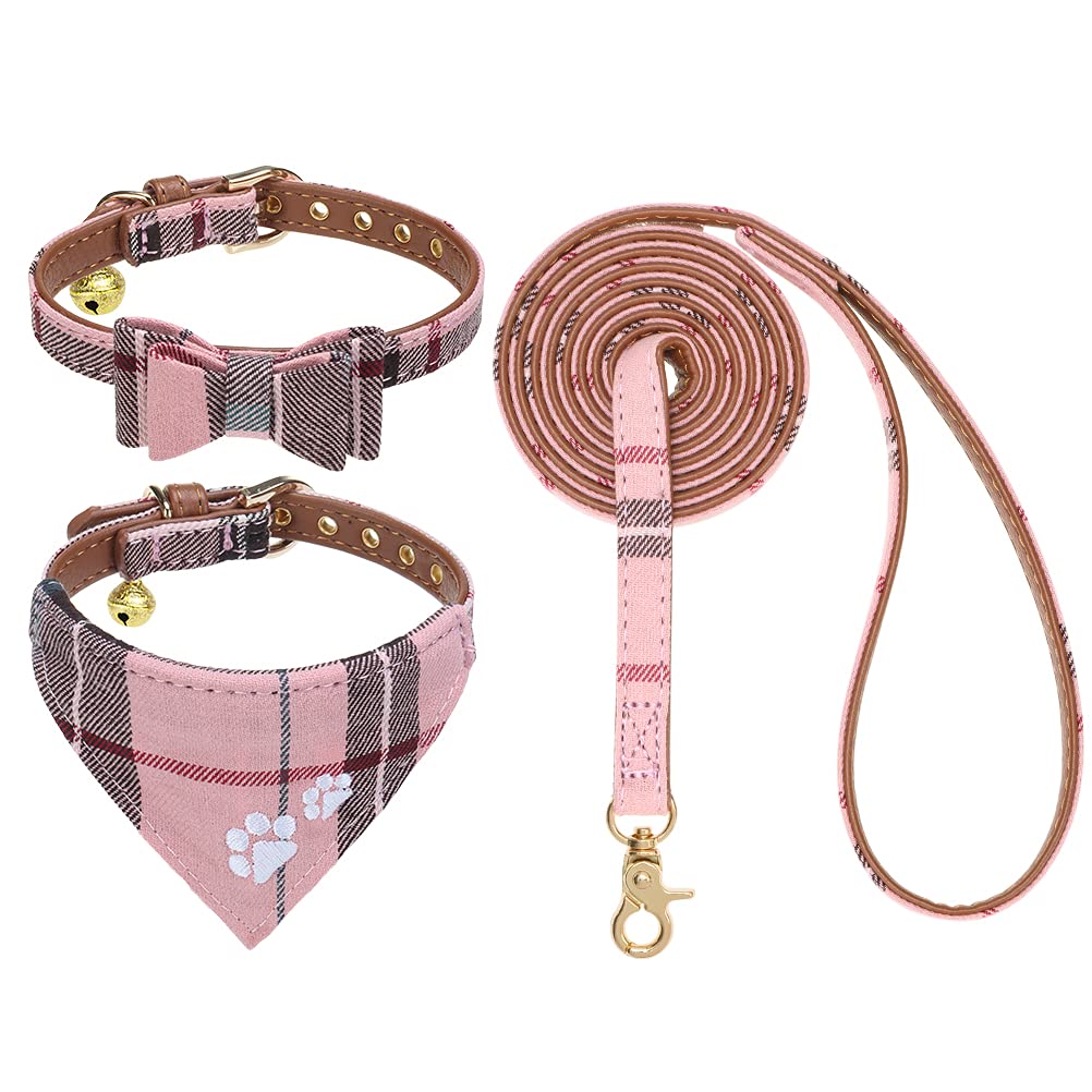 EXPAWLORER Dog Collar and Lead Set - Classic Plaid Bow Tie and Embroidery Pawprint Bandana Dog Collar with Bell, No Tangle Lead, Adjustable Pet Collars for Cats Puppy Small Medium Dogs, Pink S