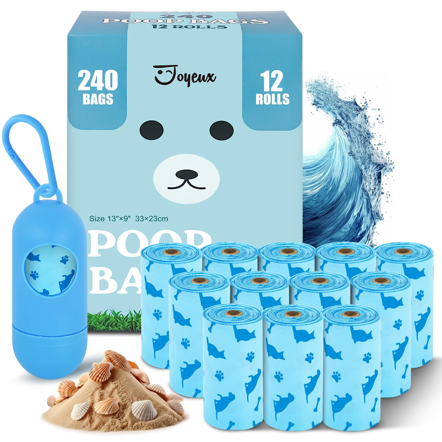 Joyeux Dog Poop Bags Rolls, 240 Count Poop Bags for Dogs with Dispenser, Leak-Proof Large Dog Poop Bags, Extra Thick Poop Bags, Ocean Fresh Scent, Outdoor Doggie Walking and Traveling Rolls, Blue