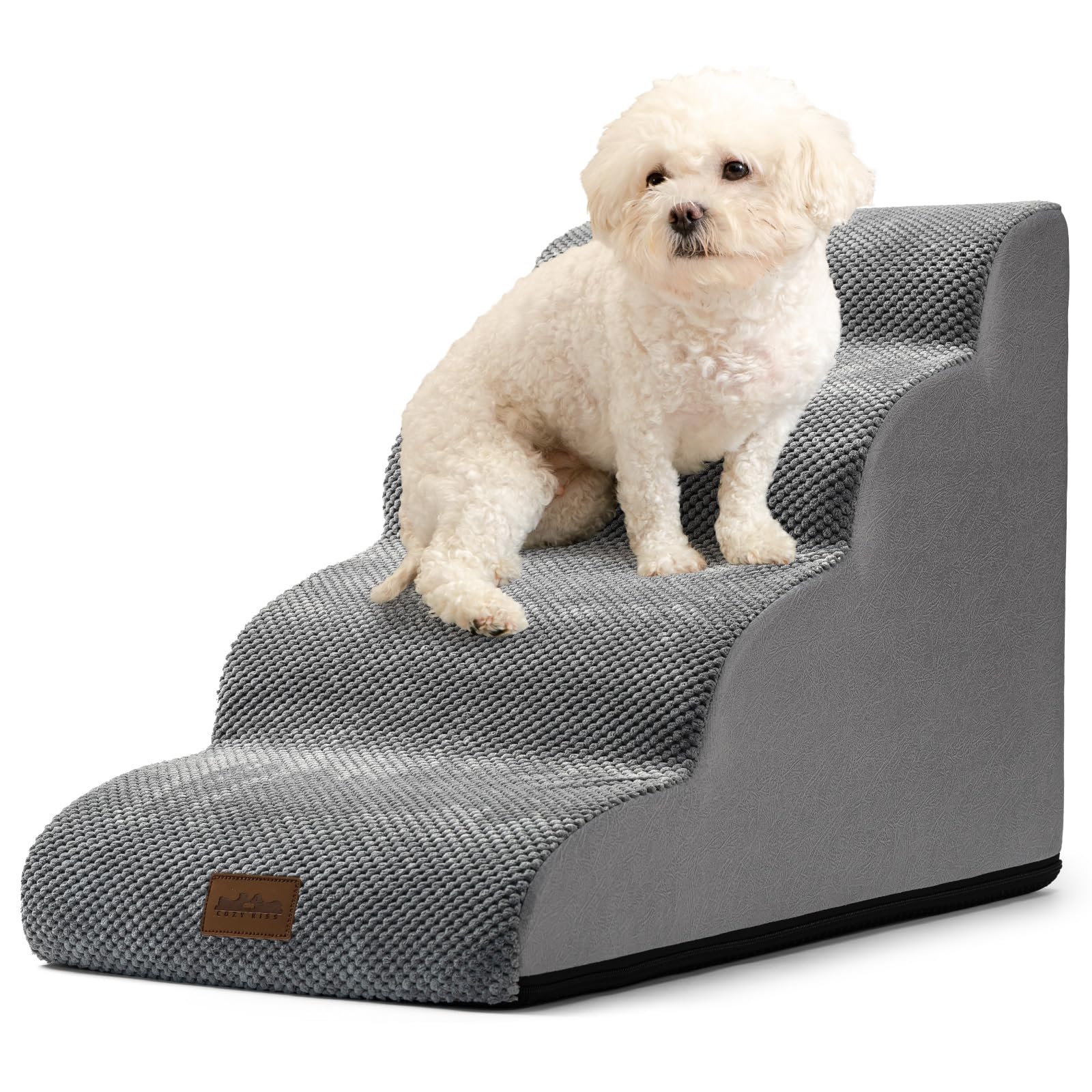 COZY KISS Dog Stairs for Small Dogs, Curved Pet Step with Leakproof Cover, High Density Foam Cat Ramp for Bed or Sofa, Lightweight, Durable, Comfort (Grey, 4 Step (15.7x28.3x19.7 inch), 4)