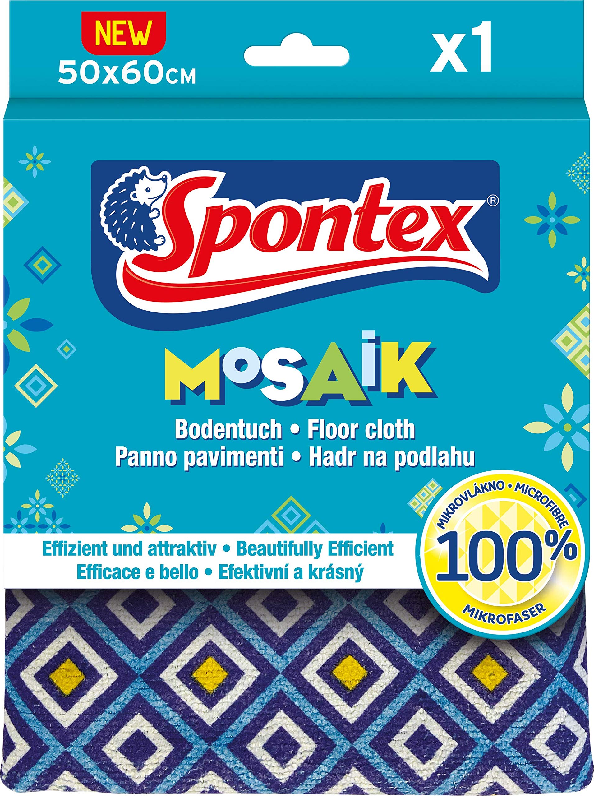Spontex Mosaik Microfibre Bodentuch, Mikrofasertuch für die trockene und feuchte Bodenreinigung, hohe Schmutz- und Wasseraufnahme, XL-Format 50 x 60 cm, 1 Stück, blau