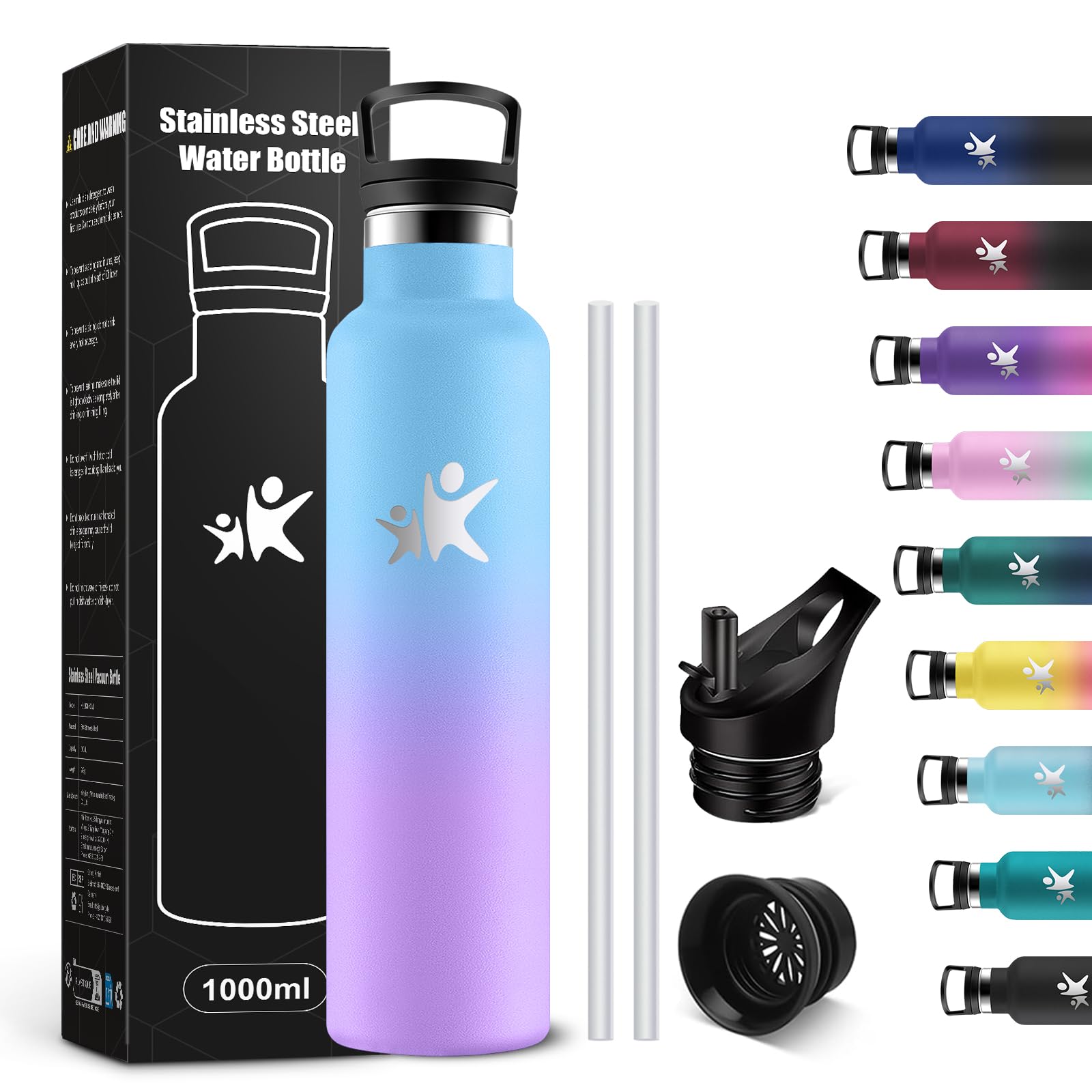 KollyKolla 1 Litre Insulated Water Bottle, BPA Free Water Bottle, Stainless Steel Water Bottle with Straw, Leak Proof, Reusable, Water Bottles for Office, Sports, Cycling, Work
