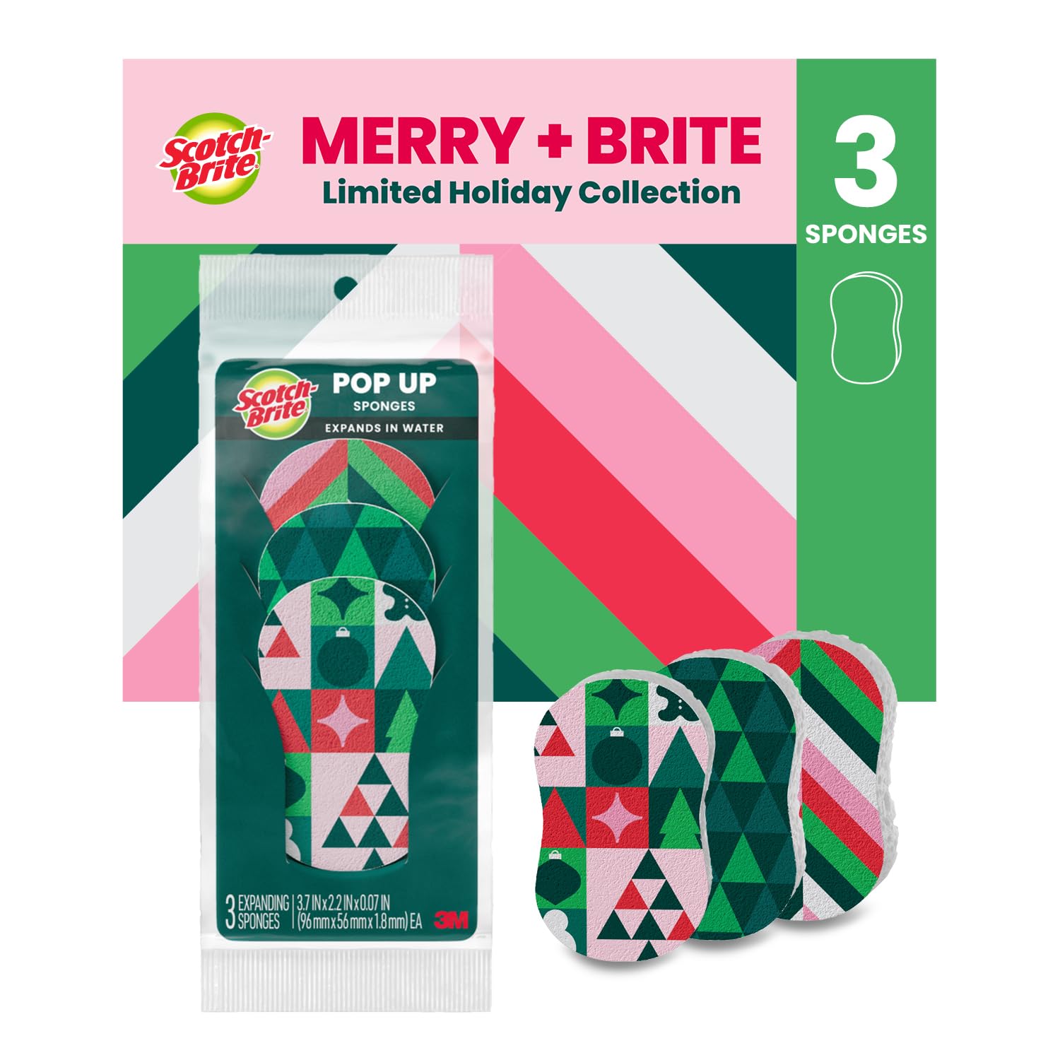 Scotch-Brite Christmas Pop-Up Sponges, 3 Pieces per Pack, Unique Compressed Sponges That Expand in Water, Festive Red and Green Pattern
