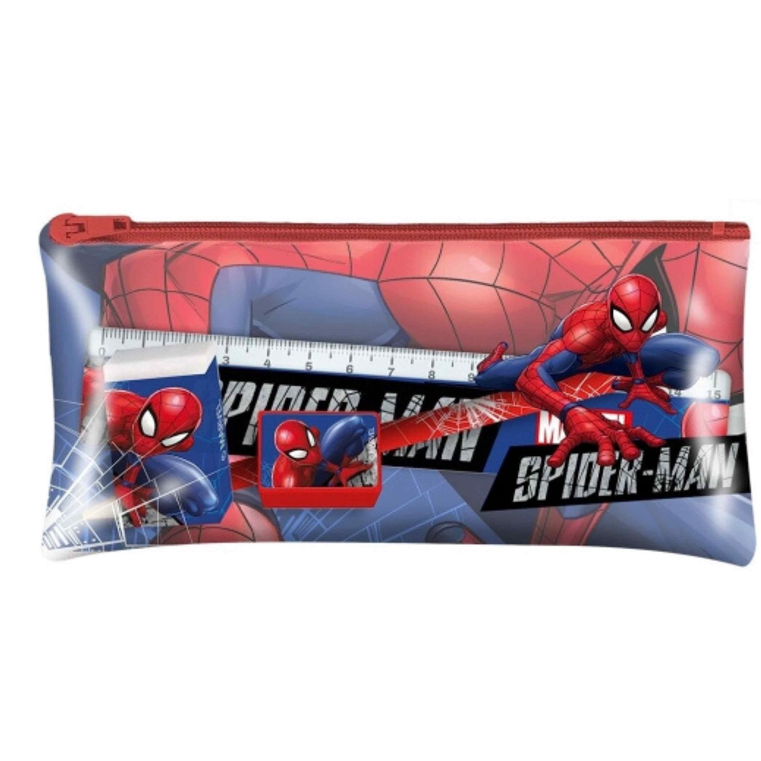 5 Pcs Spiderman Kids Stationery Set with Pencil Case, Zipped Pencil Case for School Kids 1 Pencil 1 Eraser 1 Sharpener and 15cm Ruler, Large Pencil Pouch for School Stationery Size-19cm