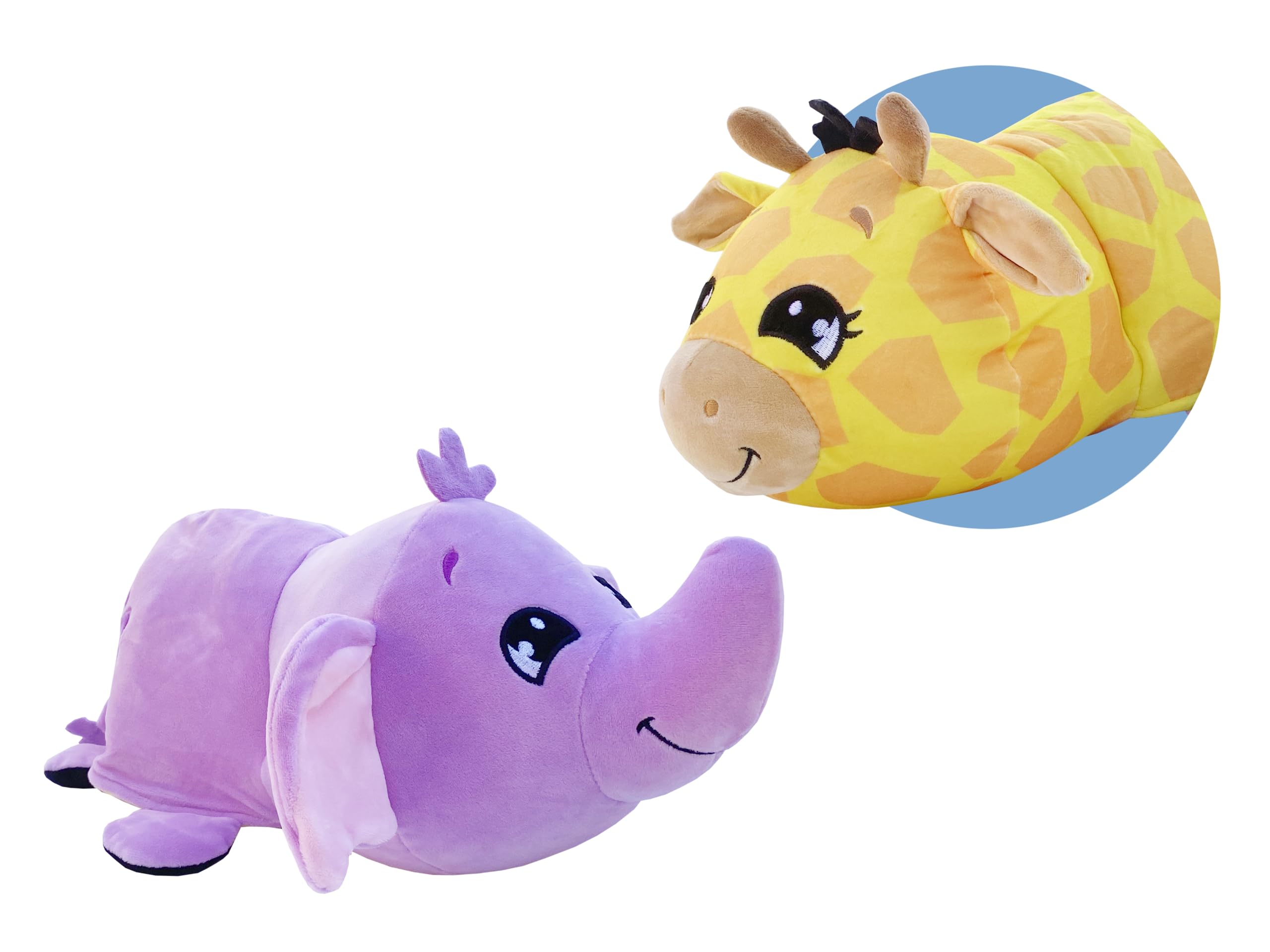 Goliath Games Flip-a-Zoo Mushmillows: Giraffe & Elephant | The Toy that Flips For You! | 2-in-1 Super Squeezable, Squashy Pals | 15-inch Reversible Plush