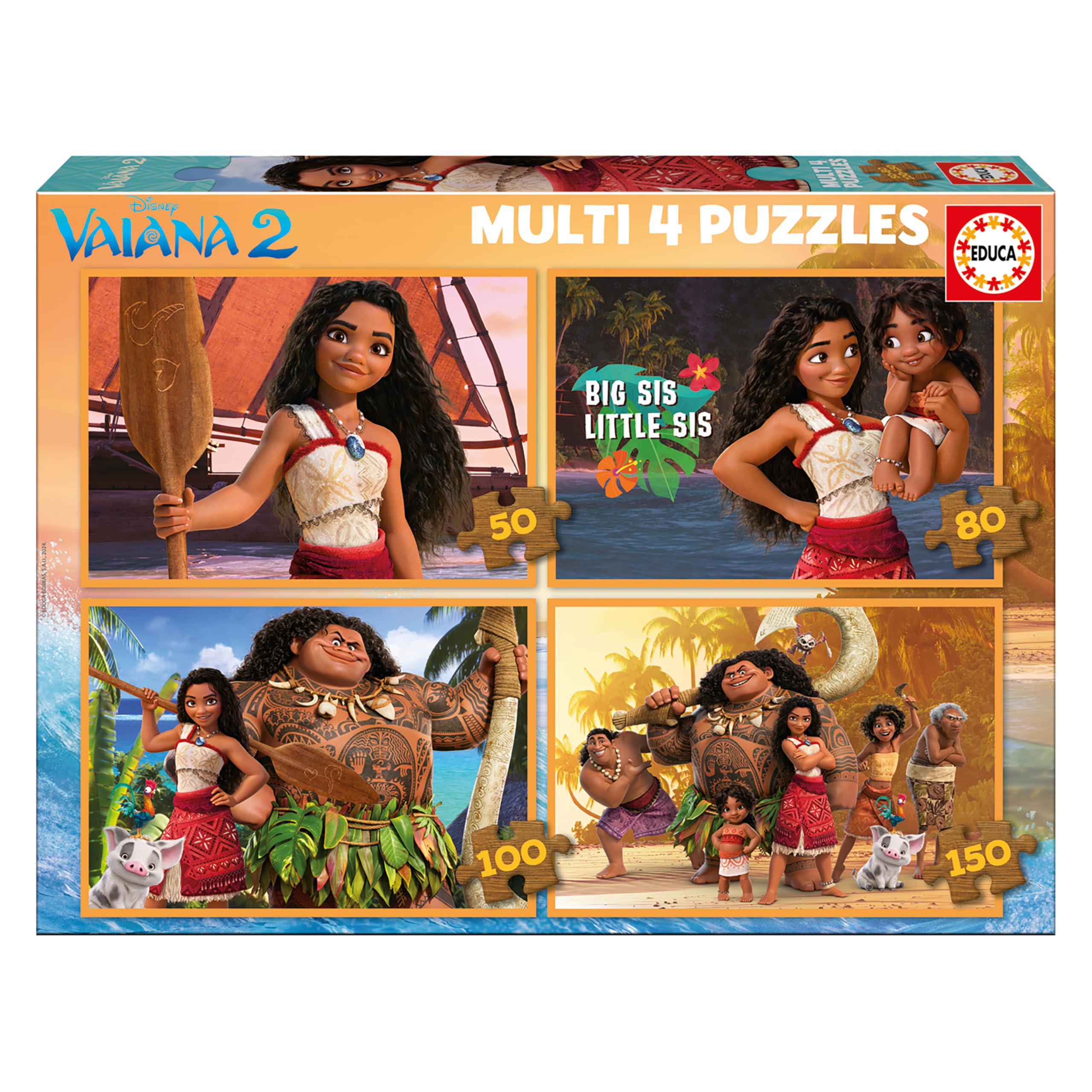 Educa - Multi 4 Puzzles Moana 2 50+80+100+150. Recommended for ages 5 6 7 8 and up (20104)