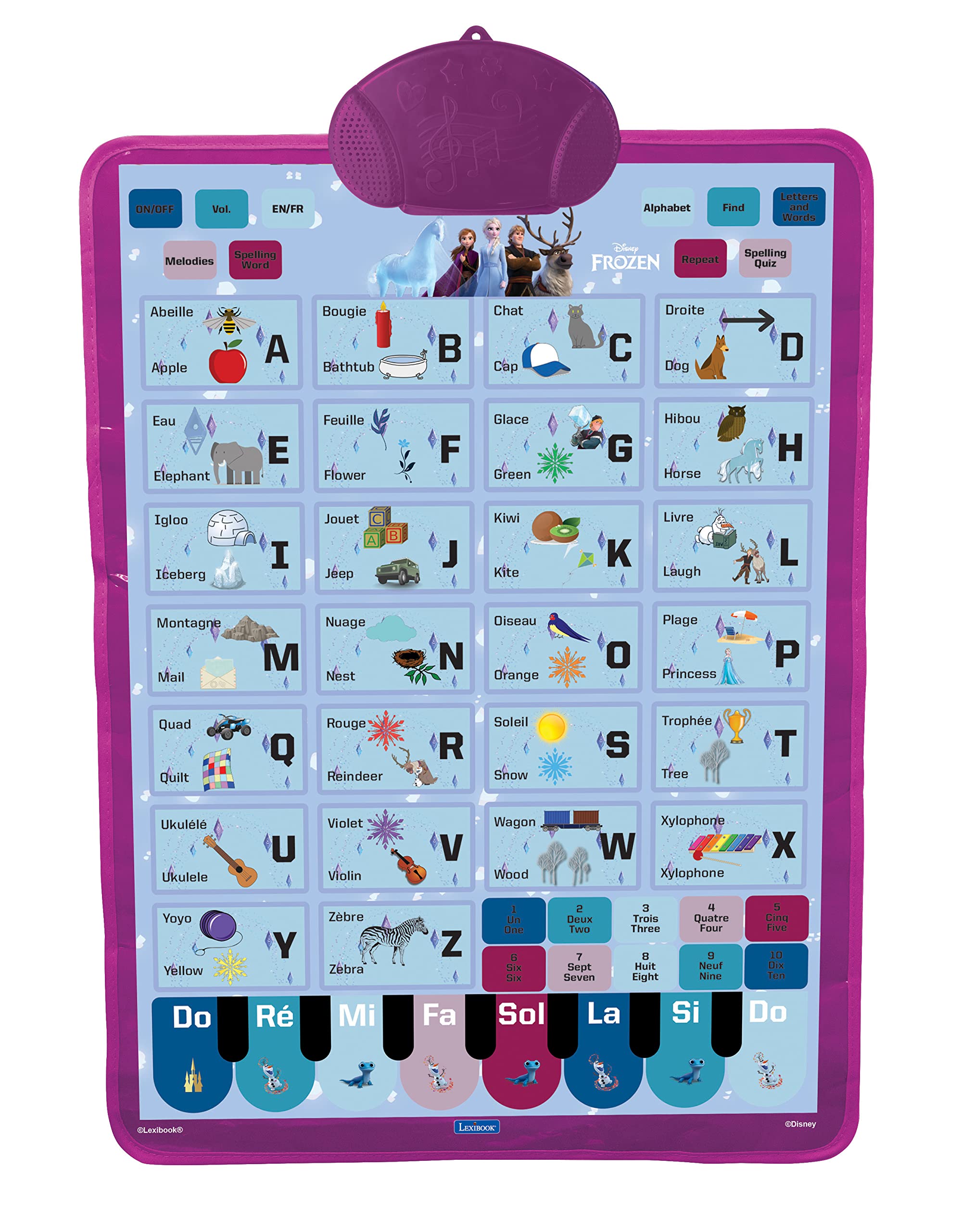 Lexibook, Frozen, Bilingual educational poster, vocabulary, music, quiz, English/French, Purple/blue, JCMAT10FZi1