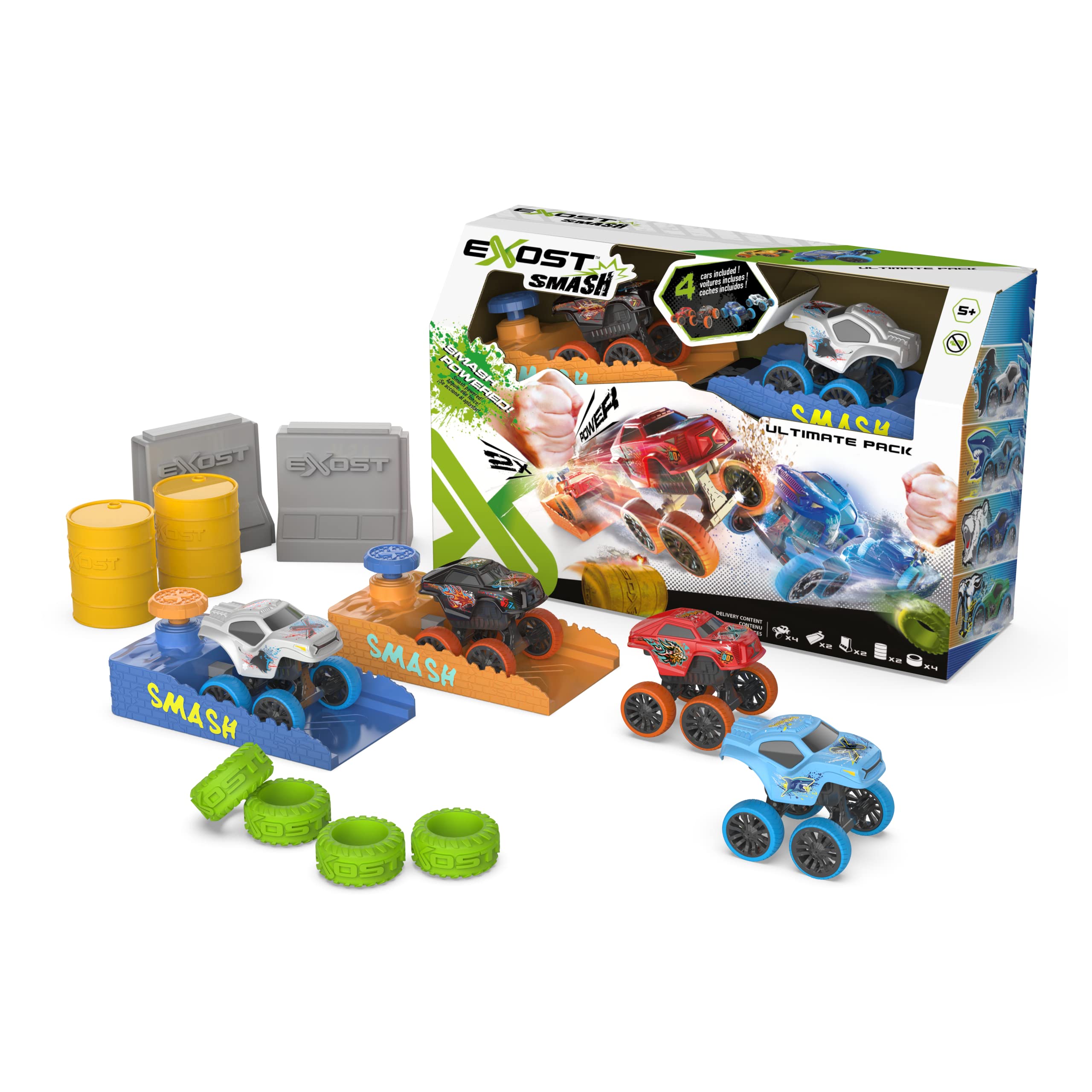Exost Smash Pack of 4 Mini Friction Cars | 8 cm with 2 Boosters and Other Accessories | Collectable Toy Car | Ages 5 +